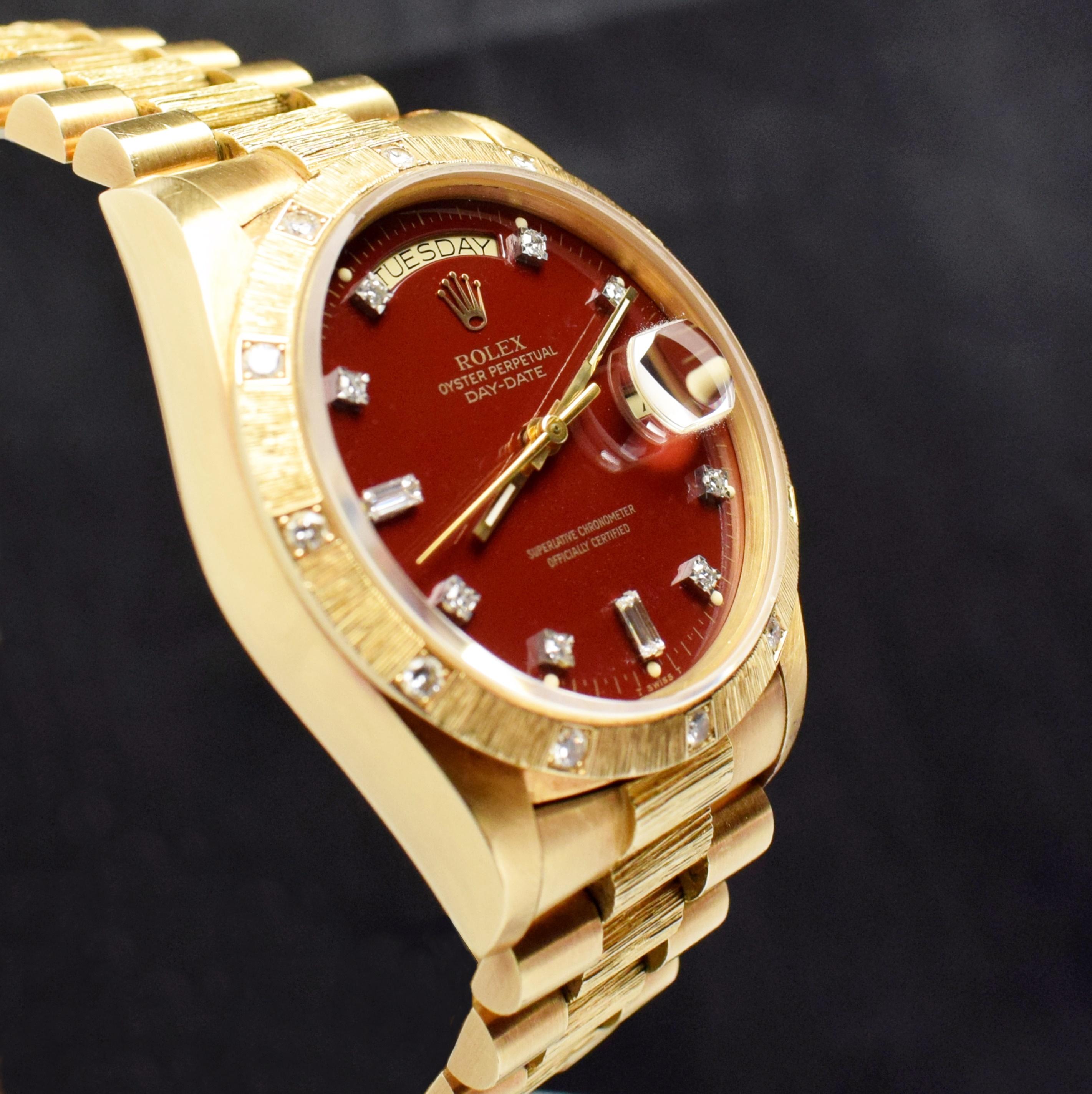 Rolex Day-Date 18K Gelbgold Ochsenblut Stella Rotes Zifferblatt 18108 Uhr, 1985 für Damen oder Herren