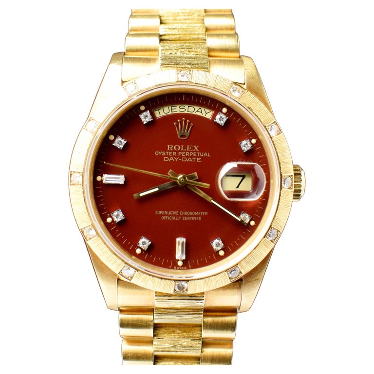 Rolex Day-Date 18K Yellow Gold Oxblood Stella Red Dial 18108 Watch, 1985  For Sale at 1stDibs | oxblood rolex, gold rolex red face, day date stella