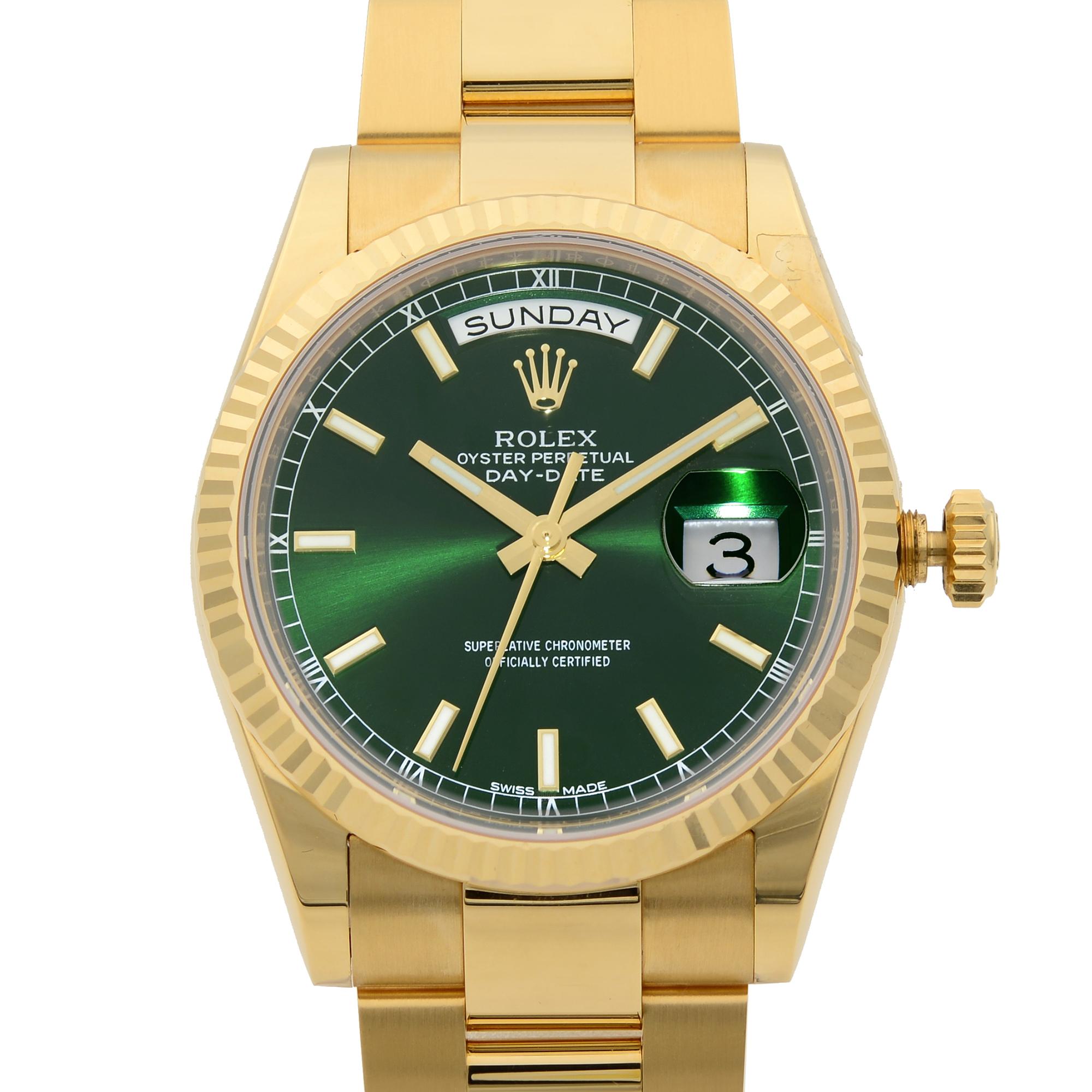 This pre-ownedLike New Rolex Day-Date 118238 is a beautiful men's timepiece that is powered by Japanese automatic movement which is cased in a yellow gold case. It has a round shape face, day & date dial, and has hand sticks style markers. It is