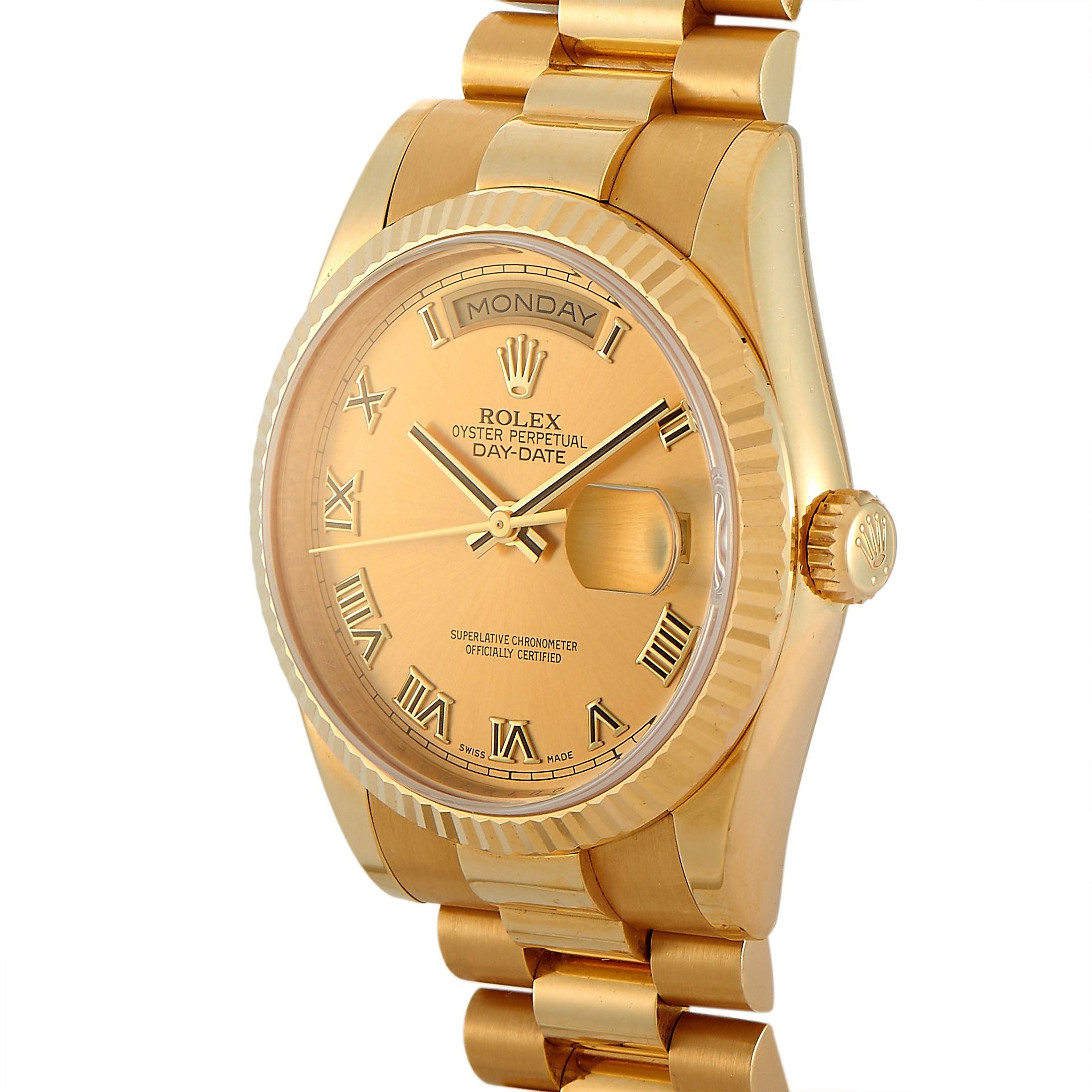The Rolex Day-Date 18K Yellow Gold President Watch 118238CRP is a statement timepiece that has long been the watch of choice of world leaders, and this particular watch is a rare example of that with the Omani Khanjar symbol engraved on the back of