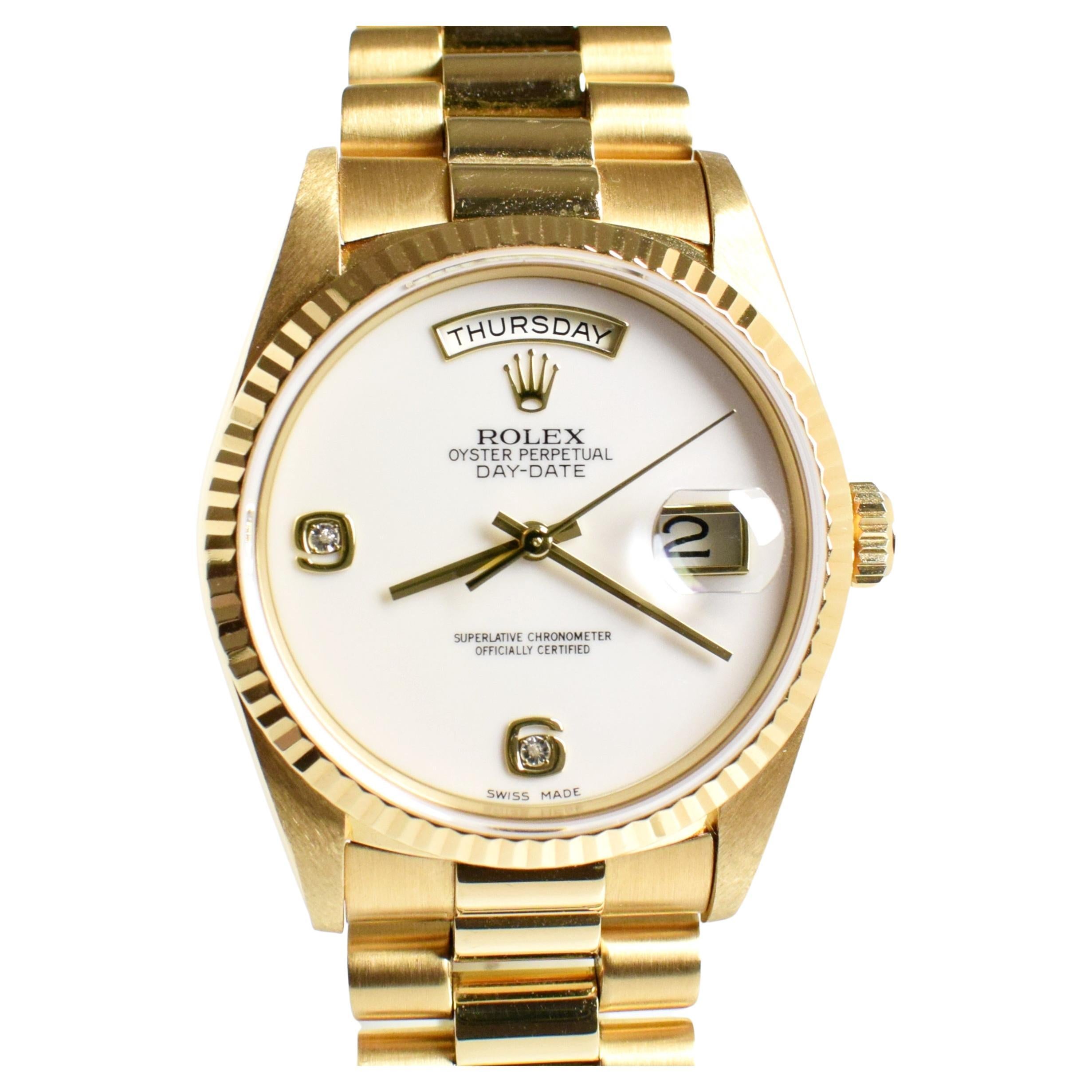 Rolex Day-Date 18K Yellow Gold Watch White Agate Stone Dial 18238 Full Set 1990