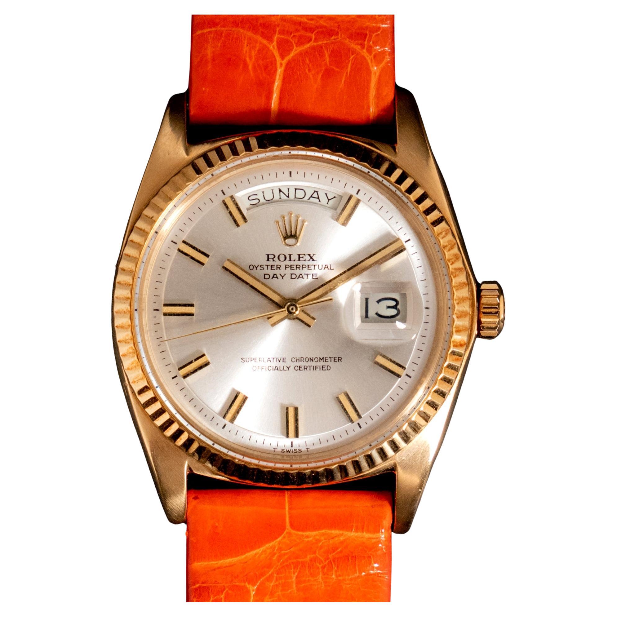 Montre automatique Rolex Day-Date 18K YG Yellow Gold Silver Wideboy Dial 1803, 1968 en vente