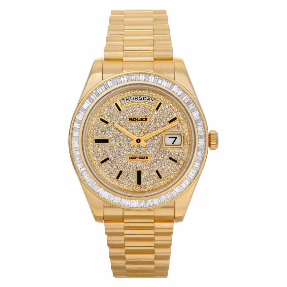 Rolex Day-Date Reference #:218238. Rolex Day-Date in 18k gold 41mm custom pave diamond dial (over 2.50 carats G-H color, VS clarity) and custom baguette diamond bezel (over 2 carats G-H color, VS clarity). Auto w/ sweep seconds, date and day. Ref