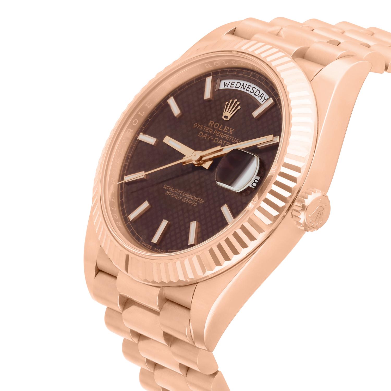 Modern Rolex Day-Date 228235 40mm Chocolate Motif Rose Gold Dial Complete