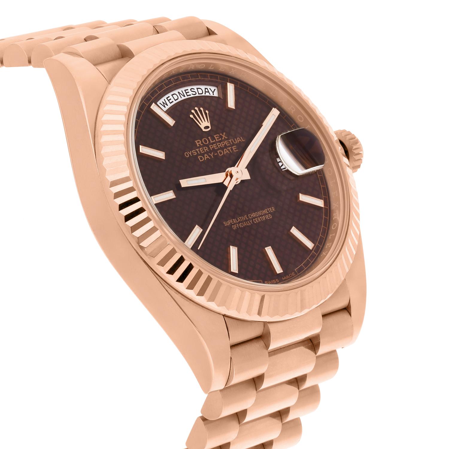 Men's Rolex Day-Date 228235 40mm Chocolate Motif Rose Gold Dial Complete