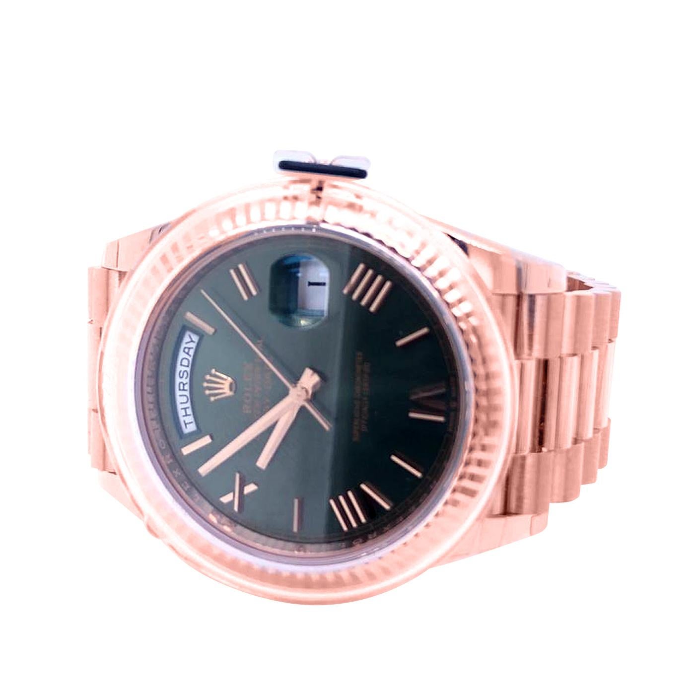 Men's Rolex Day Date 228235 President Everose Gold Green Roman Dial Watch