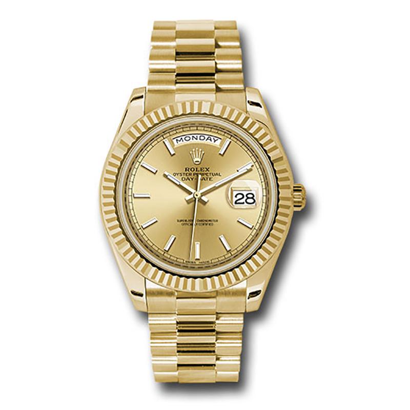 This brand new Rolex Day-Date 40 228238 is a beautiful men's timepiece that is powered by an automatic movement which is cased in a yellow gold case. It has a round shape face, day & date dial and has hand sticks style markers. It is completed with
