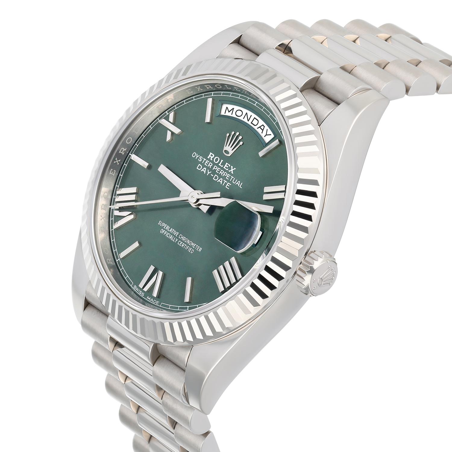 Modern Rolex Day-Date 228239 Olive Roman Dial 40mm 18k White Gold Presidential Watch
