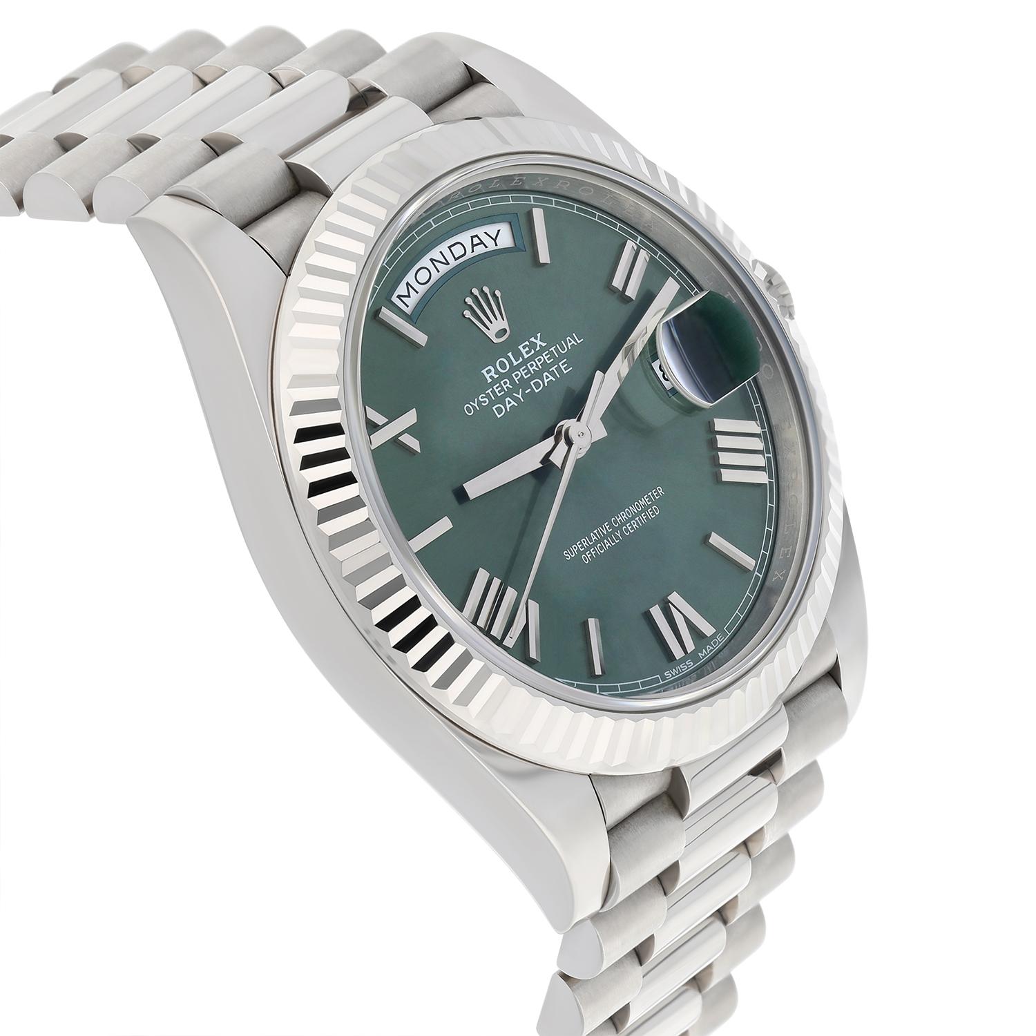 Men's Rolex Day-Date 228239 Olive Roman Dial 40mm 18k White Gold Presidential Watch For Sale