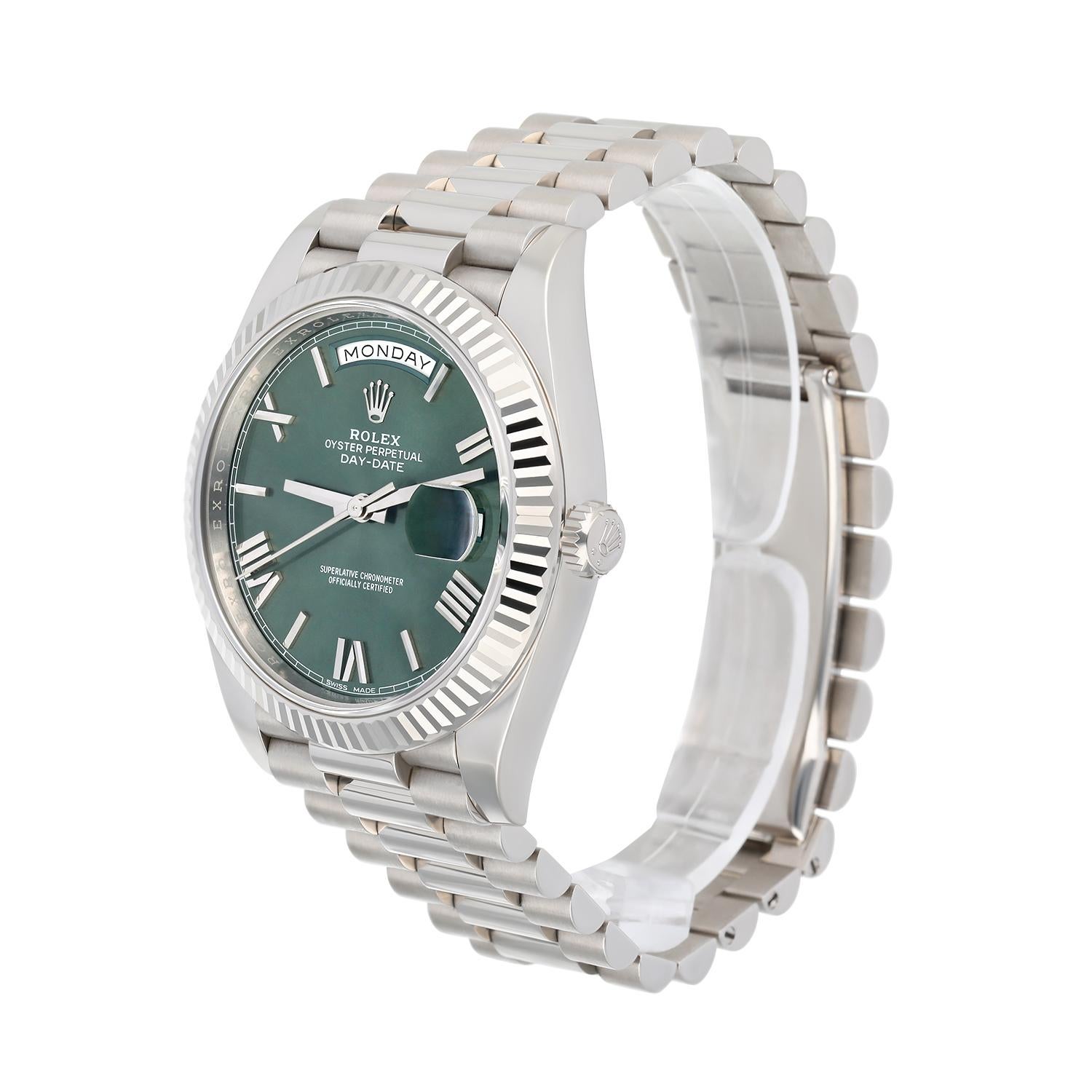Rolex Day-Date 228239 Olive Roman Dial 40mm 18k White Gold Presidential Watch For Sale 1