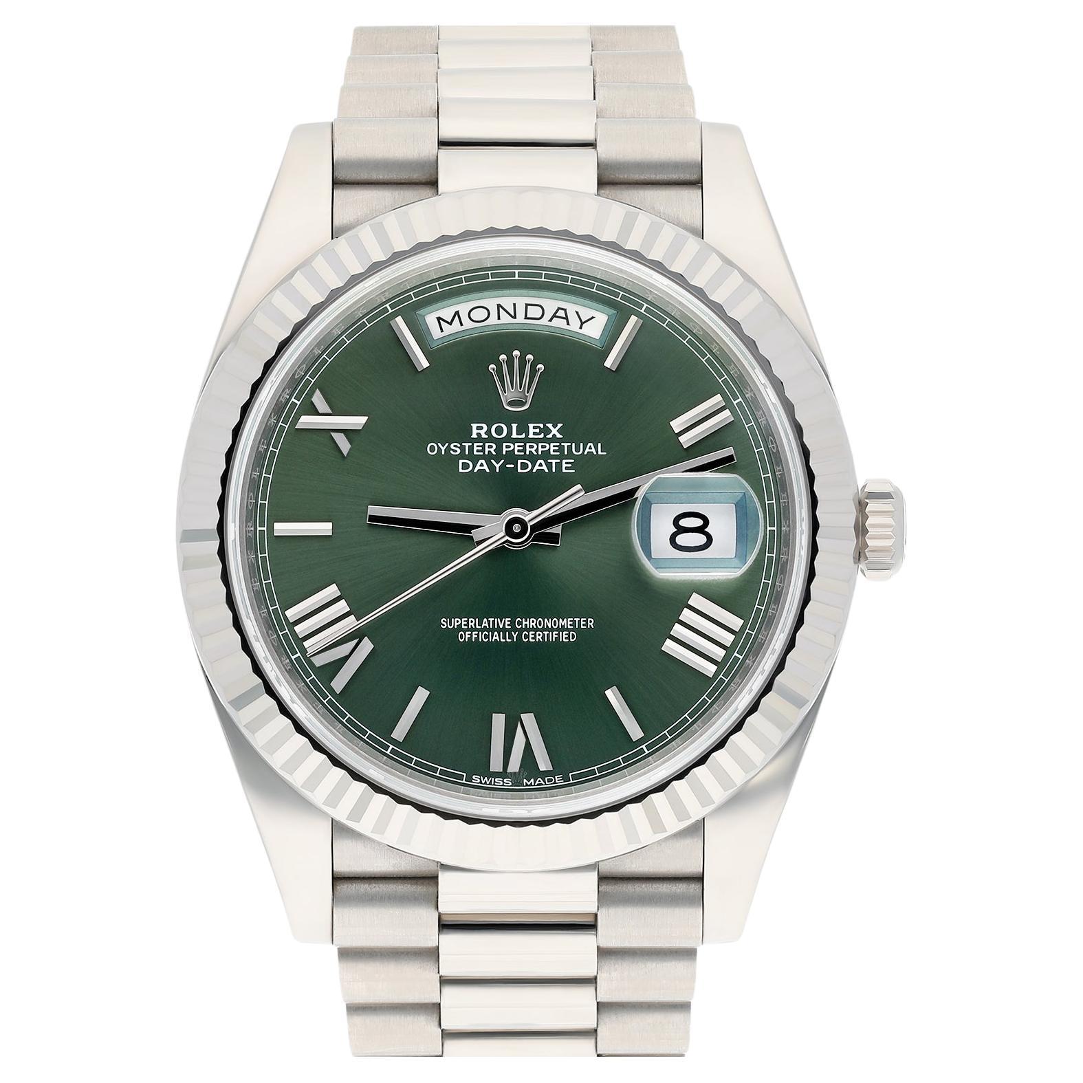 Rolex Day-Date 228239 Olive Roman Dial 40mm 18k White Gold Presidential Watch For Sale