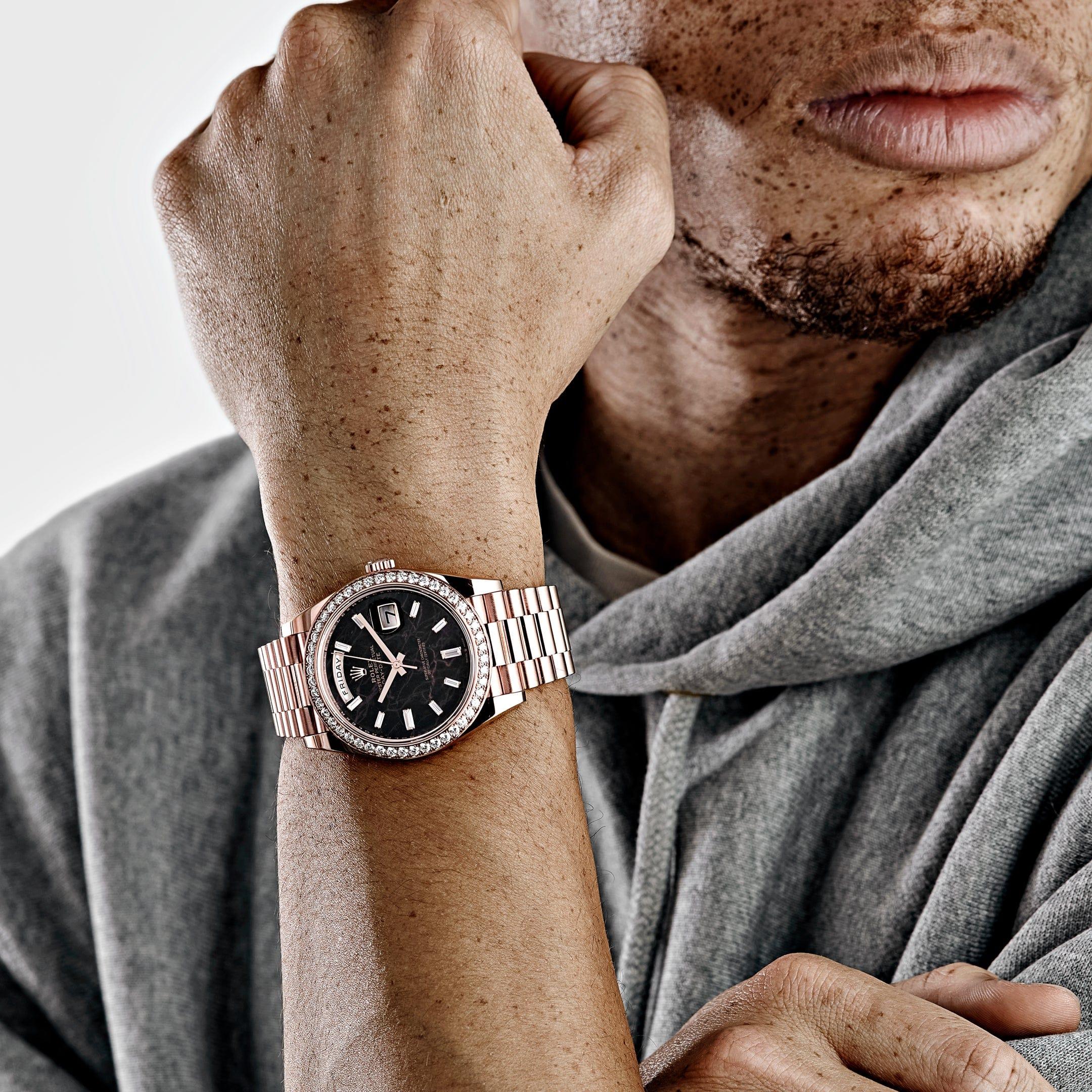 Jewels Aficionado offers the Rolex Day-Date 228345RBR is a breathtaking timepiece that combines luxurious materials with exquisite craftsmanship. Crafted in 18k rose gold, its 40mm case radiates warmth and elegance, further elevated by a dazzling