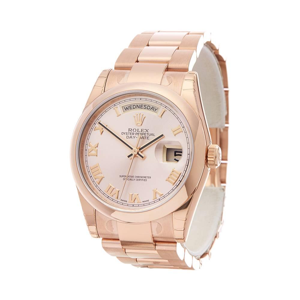Ref: COM1376
Manufacturer: Rolex
Model: Day-Date
Model Ref: 118205
Age: 12th June 2017
Gender: Mens
Complete With: Box & Guarantee
Dial: Pink Roman
Glass: Sapphire Crystal
Movement: Automatic
Water Resistance: To Manufacturers Specifications
Case:
