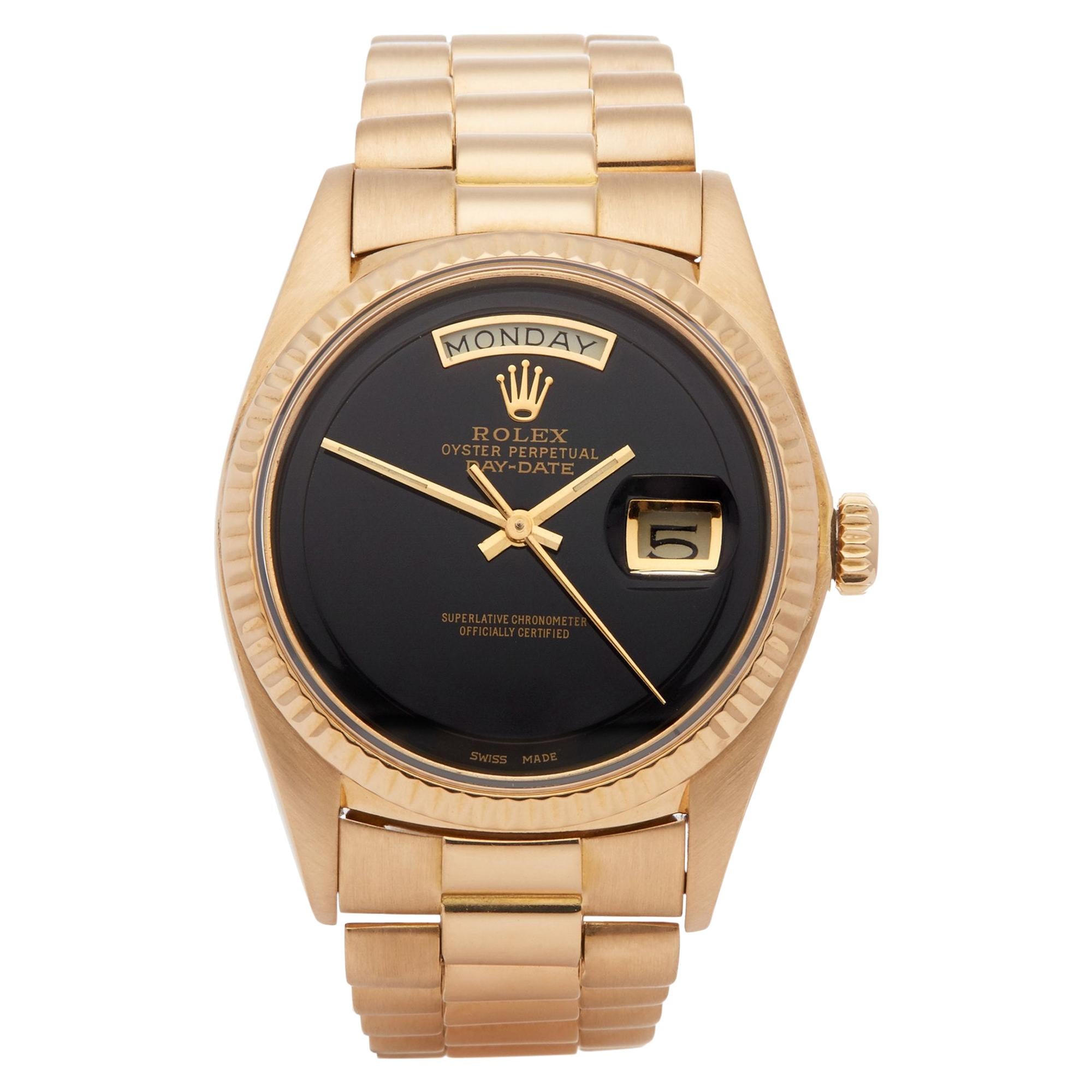 Rolex Day-Date 36 1803 Unisex Yellow Gold Onyx Step Watch at 1stDibs | rolex day-date ref. with onyx dial, rolex day date 36 1803, onyx dial rolex