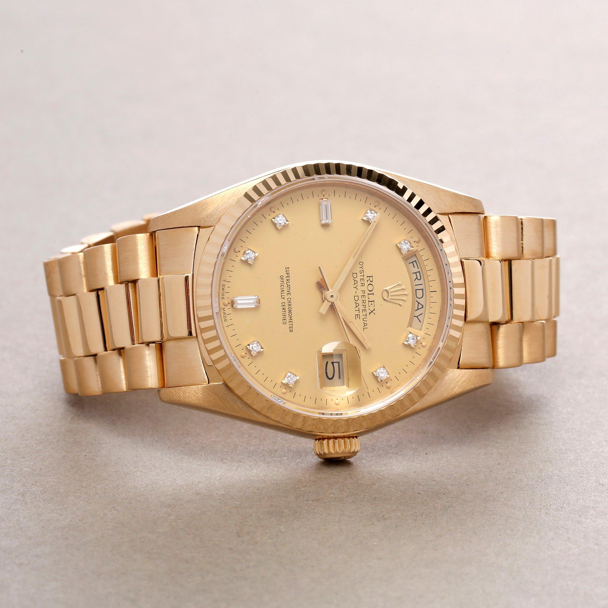 Baguette Cut Rolex Day-Date 36 18038A Unisex Yellow Gold Diamond Dial Watch
