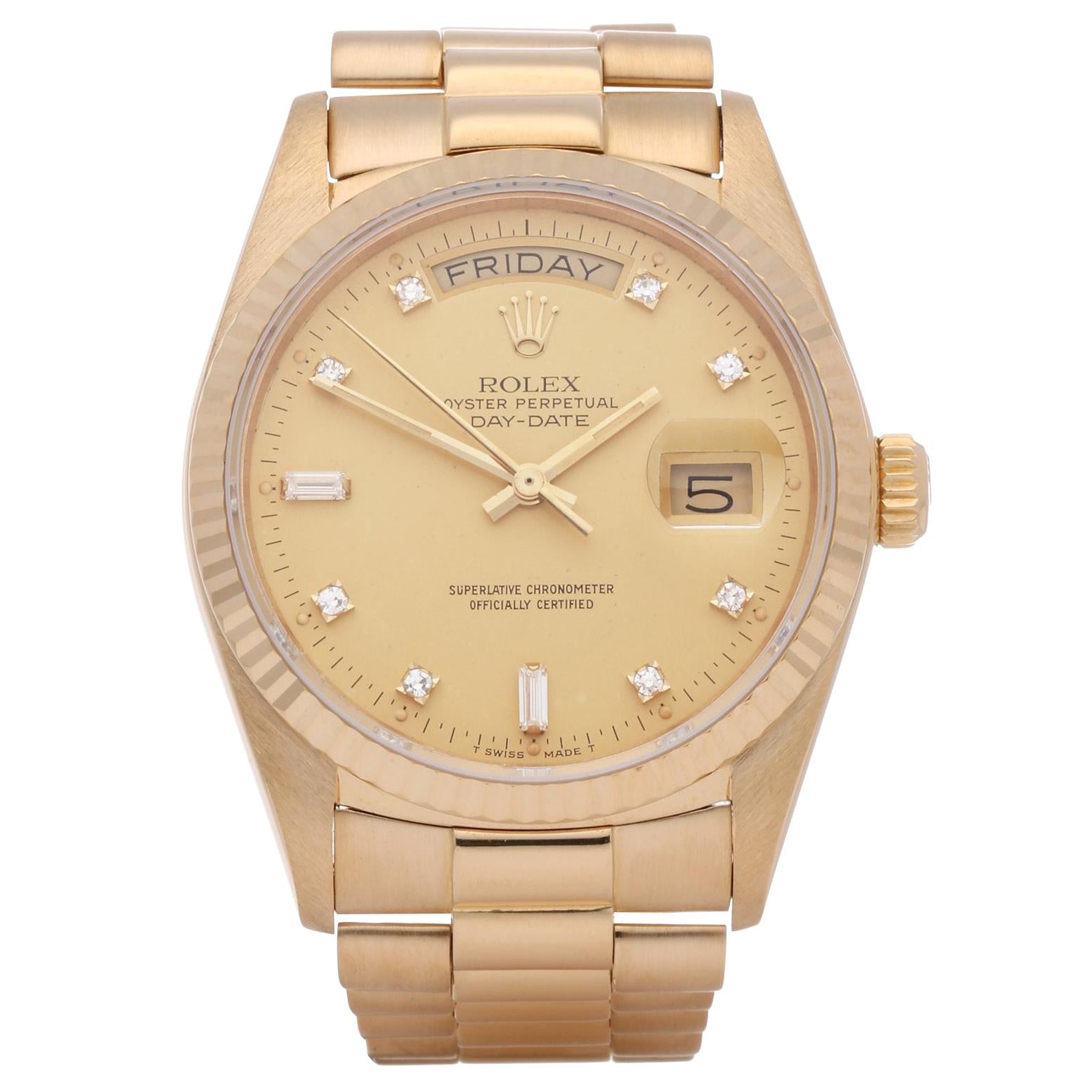 Rolex Day-Date 36 18038A Unisex Yellow Gold Diamond Dial Watch