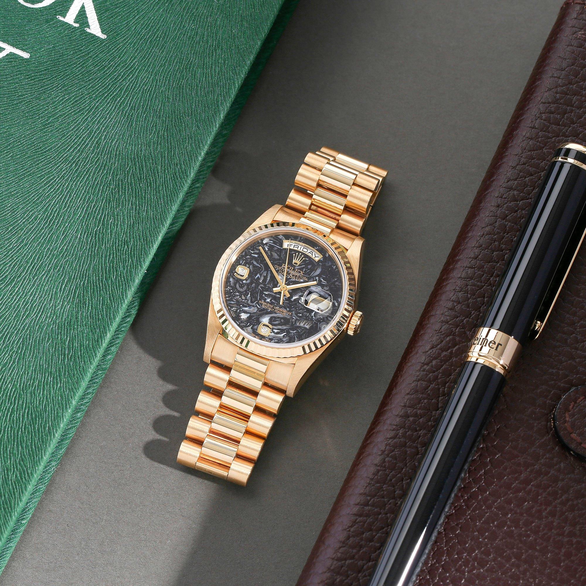 Rolex Day-Date 36 18238 Unisex-Uhr aus Gelbgold mit Ammonit-Fossil-Zifferblatt im Angebot 7