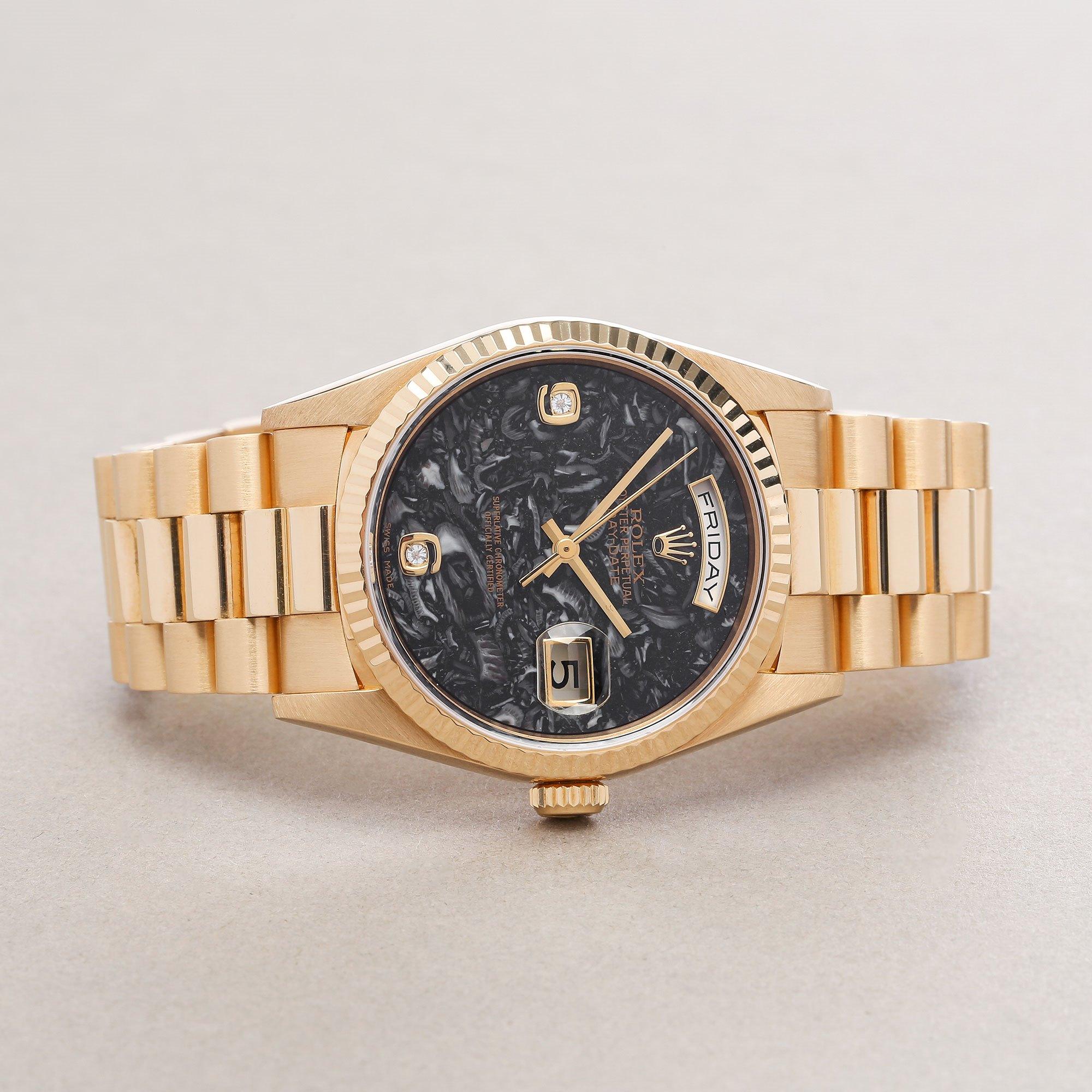 Rolex Day-Date 36 18238 Unisex-Uhr aus Gelbgold mit Ammonit-Fossil-Zifferblatt im Angebot 1