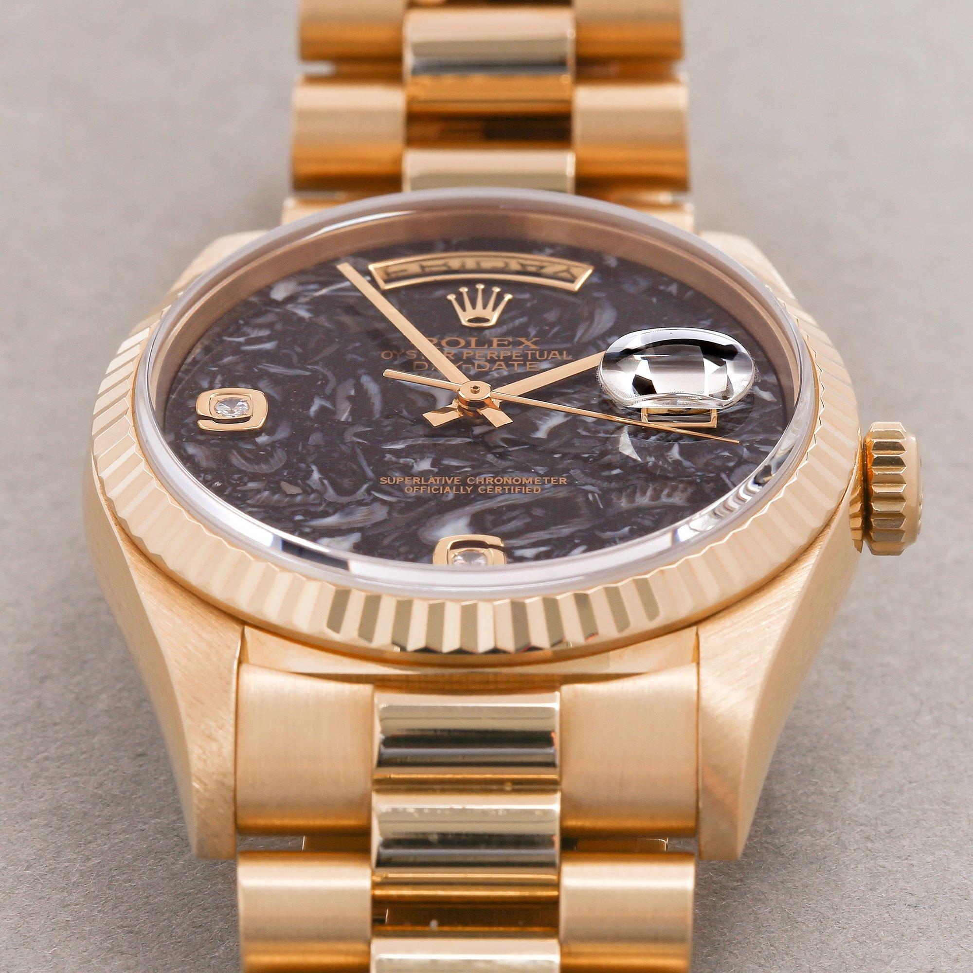 Rolex Day-Date 36 18238 Unisex-Uhr aus Gelbgold mit Ammonit-Fossil-Zifferblatt im Angebot 4