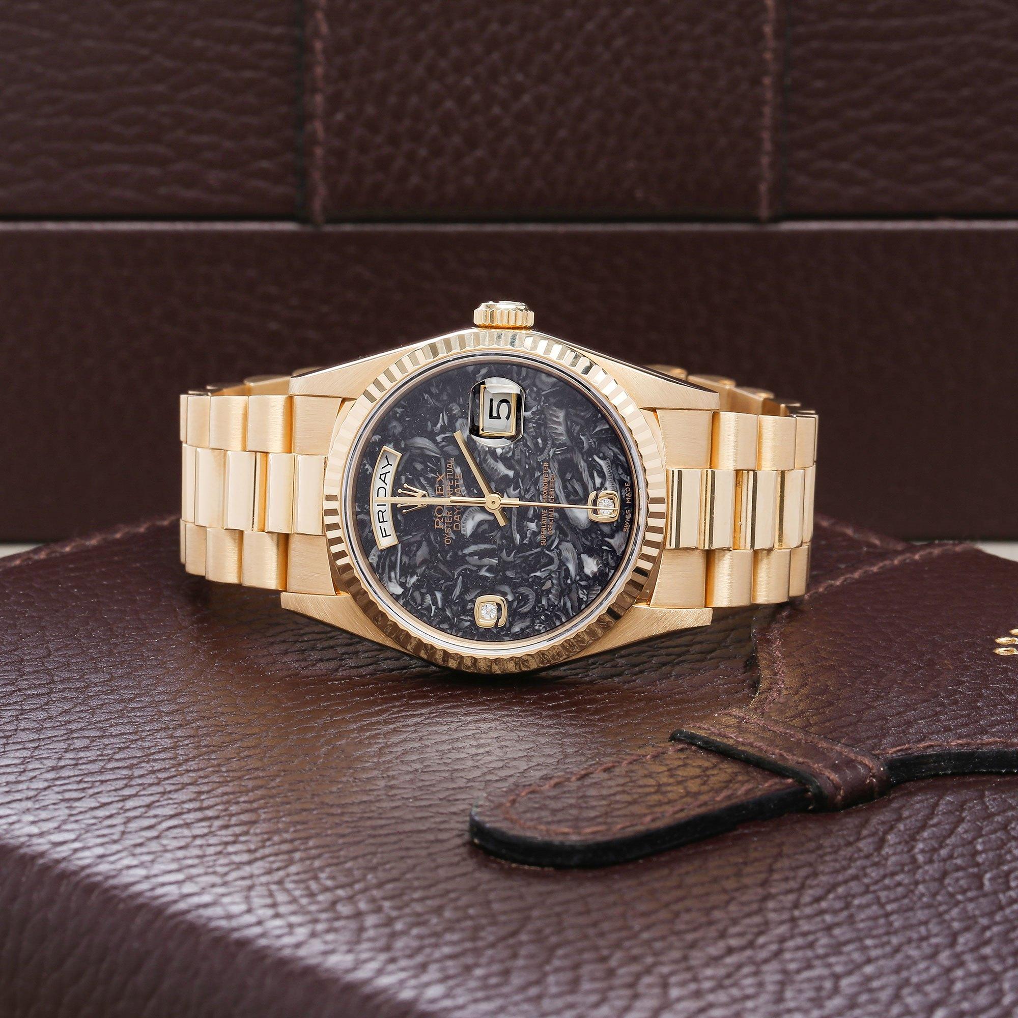 Rolex Day-Date 36 18238 Unisex-Uhr aus Gelbgold mit Ammonit-Fossil-Zifferblatt im Angebot 5