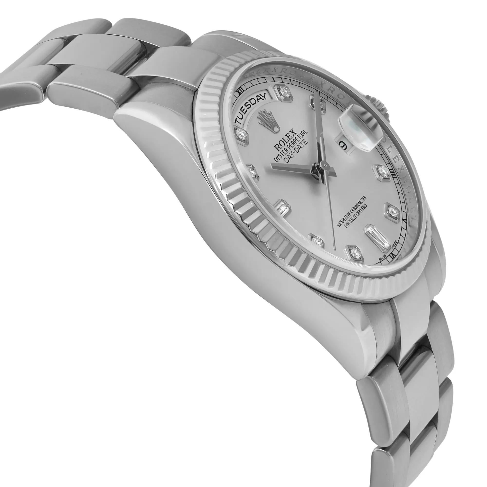 Men's Rolex Day-Date 36 18K White Gold Diamond Silver Dial Men Automatic Watch 118239 For Sale