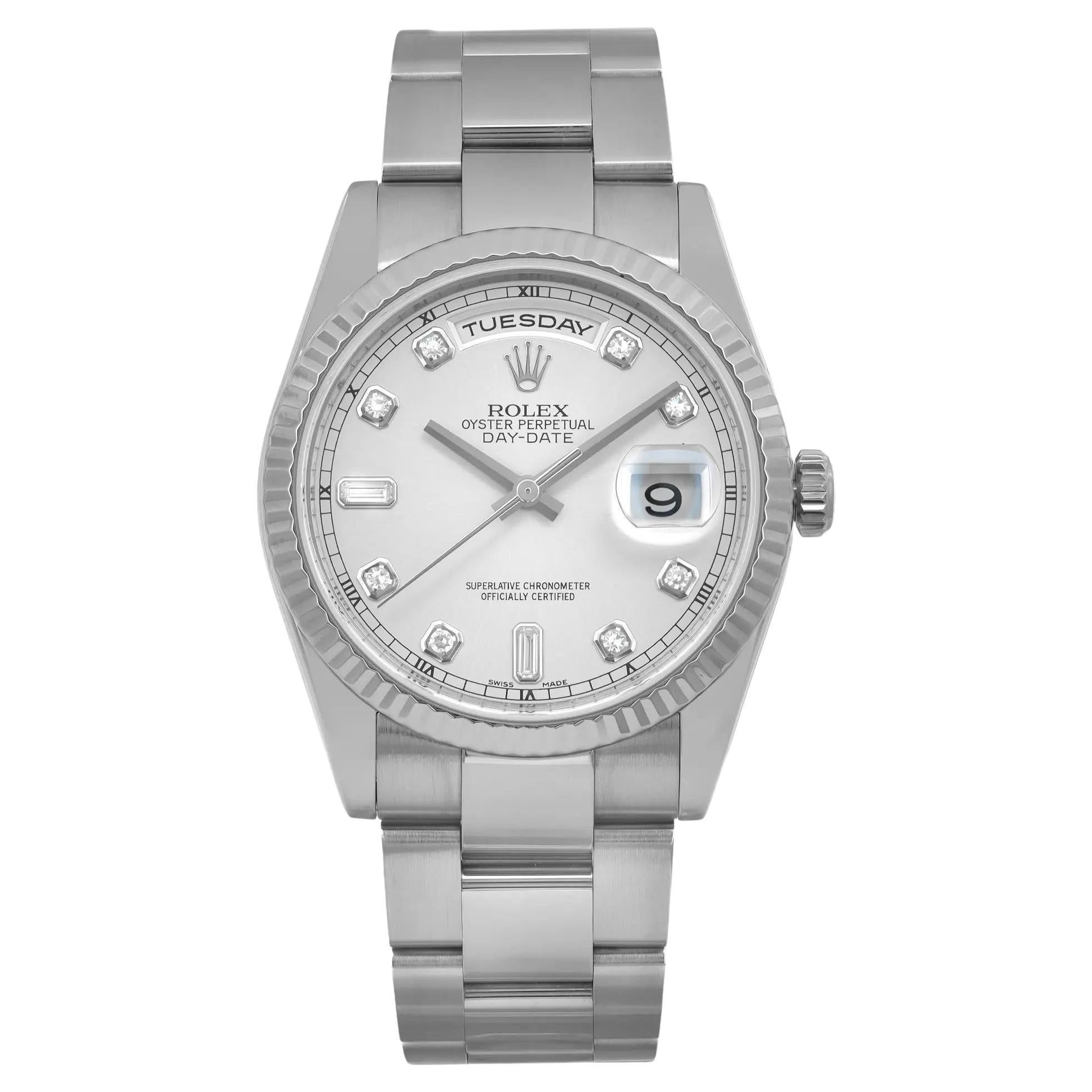 Rolex Day-Date 36 18K White Gold Diamond Silver Dial Men Automatic Watch 118239 For Sale