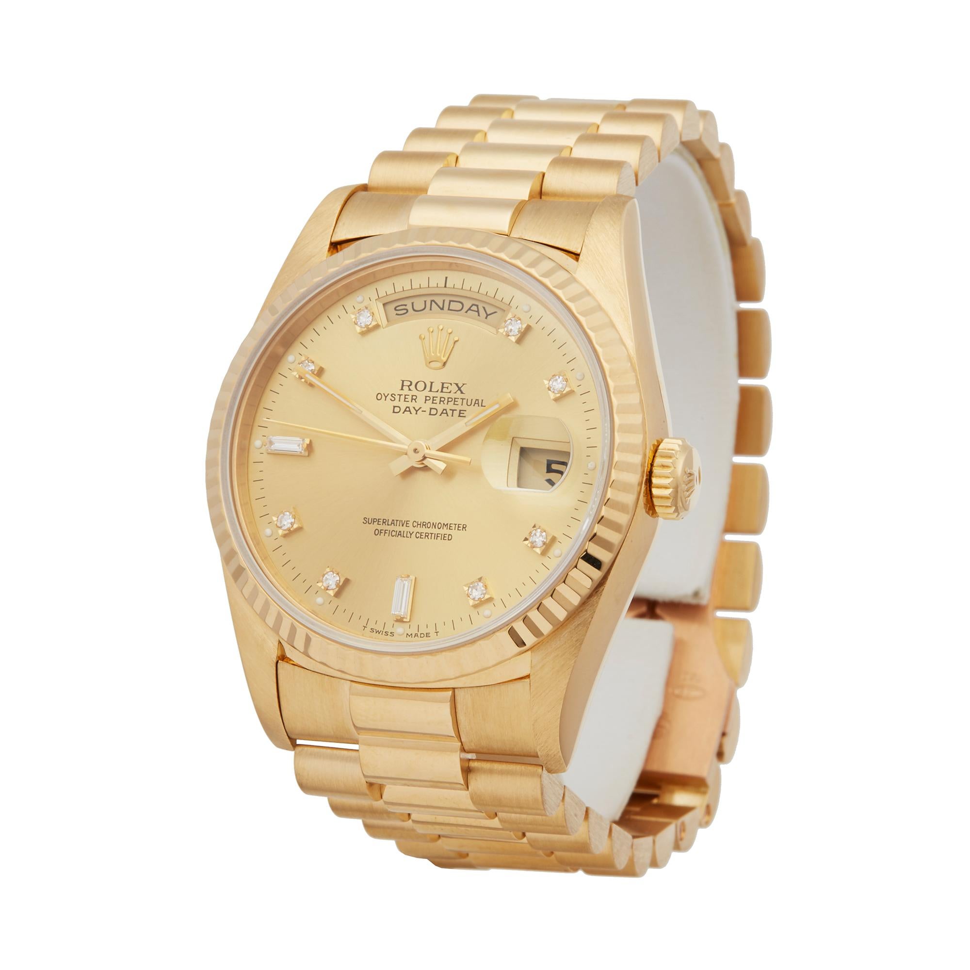 Reference: W5698
Manufacturer: Rolex
Model: Day-Date
Model Reference: 18238
Age: 22nd April 1992
Gender: Men's
Box and Papers: Box and Guarantee
Dial: Champagne Diamond Markers
Glass: Sapphire Crystal
Movement: Automatic
Water Resistance: To
