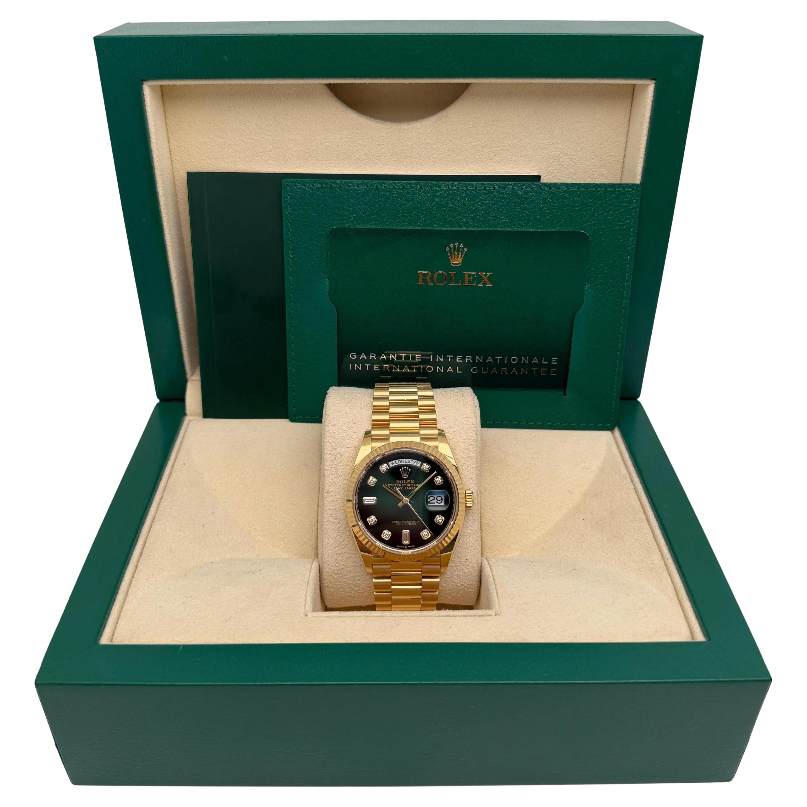 Rolex Day-Date 36 18K Yellow Gold Green Hombre Diamond Dial Watch 128238
