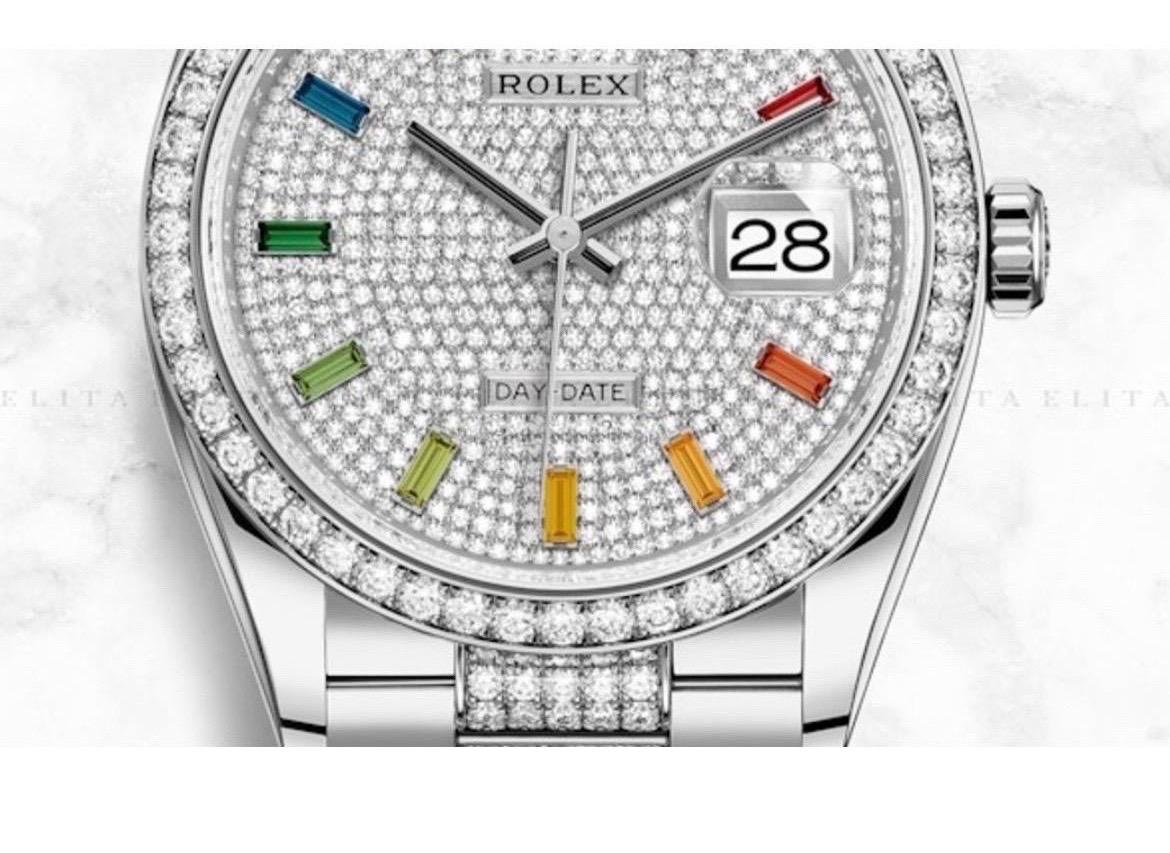 Rolex Montre President Day-Date 36 avec cadran en or blanc serti de diamants arc-en-ciel  Neuf - En vente à New York, NY