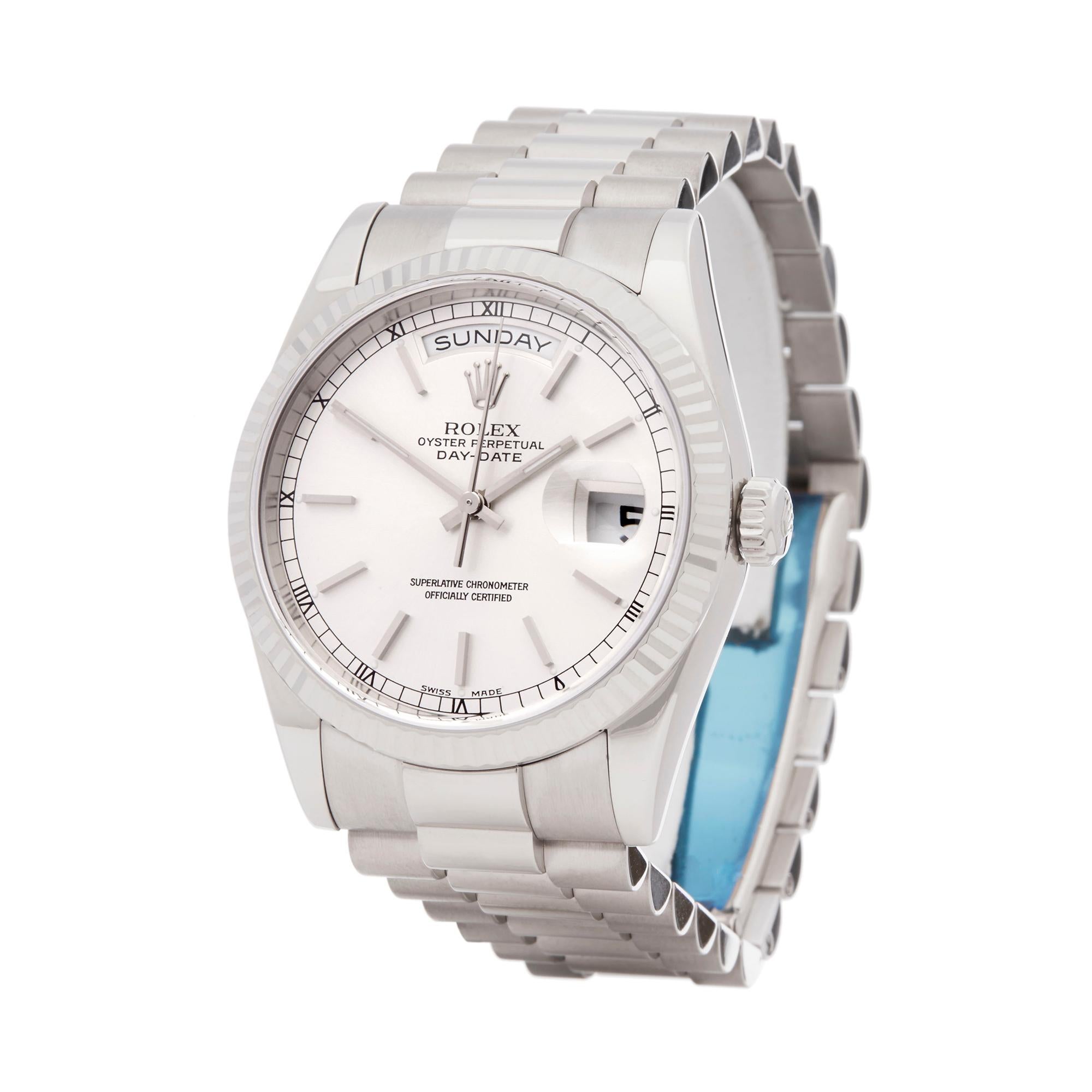 Ref: W6089
Manufacturer: Rolex
Model: Day-Date
Model Ref: 118239
Age: 1st July 2004
Gender: Mens
Complete With: Box, Manuals & Guarantee
Dial: Silver Baton
Glass: Sapphire Crystal
Movement: Automatic
Water Resistance: To Manufacturers