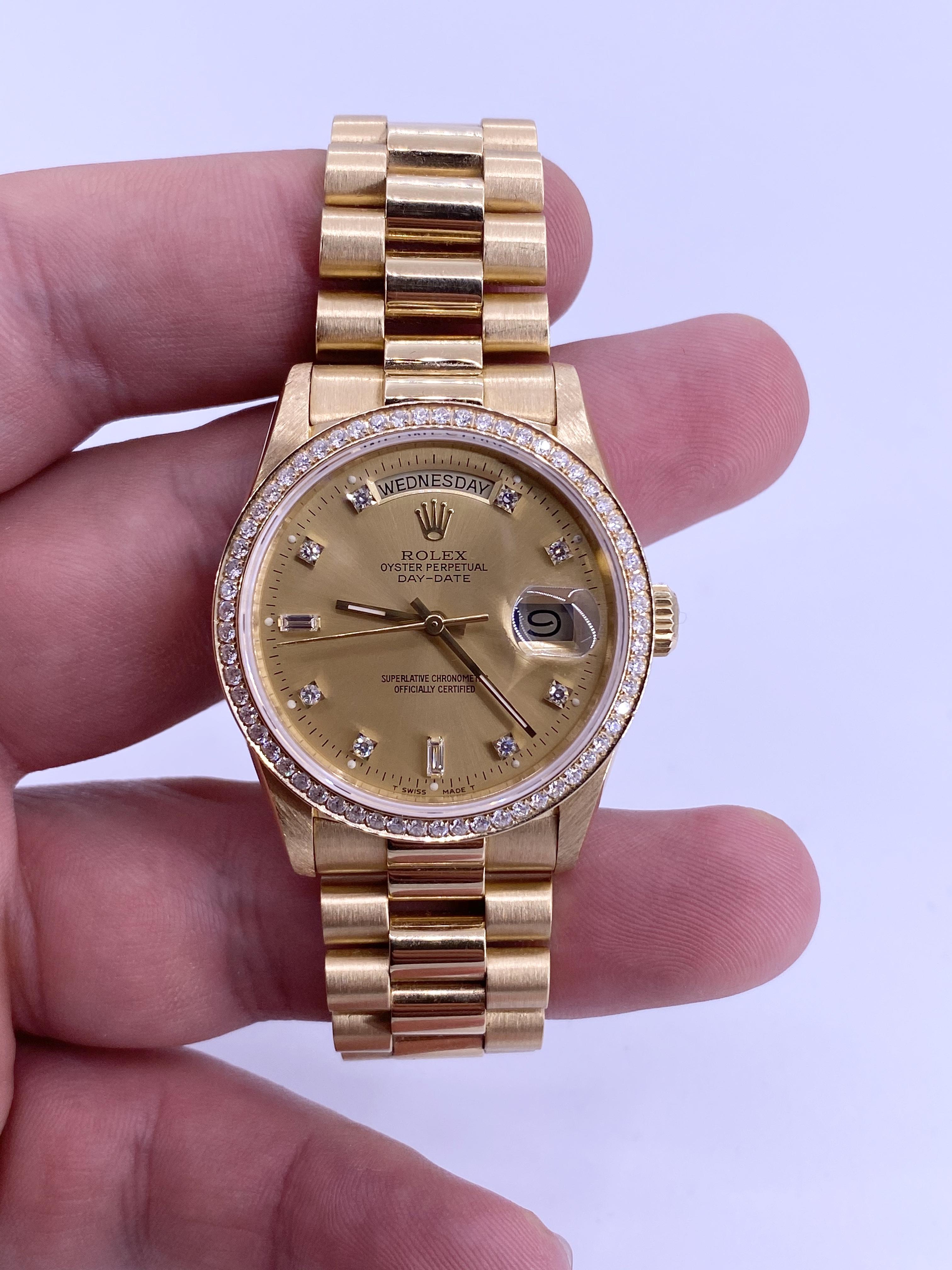 Rolex Day-Date 36 President Original Diamond Dial Custom Bezel In Excellent Condition For Sale In BEVERLY HILLS, CA