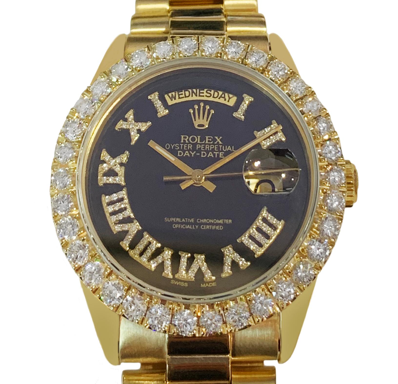 -Mint condition
-Single quick
-18k Yellow Gold
-Case size: 36mm
-Diamond Hour Markers
-Aftermarket Dial: Black
-Aftermarket Diamond Bezel
-Diamond: 3.25ct, VS clarity, G color
-Comes with box, no papers