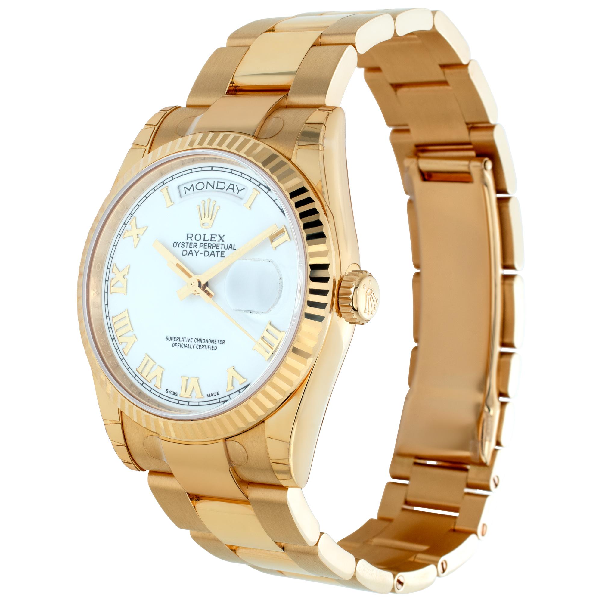 Rolex Day-Date in 18k yellow gold with white roman numeral dial on 18k oyster bracelet. Auto w/ sweep seconds, date and day. 36 mm case size. With box and booklets. **Bank wire only at this price** Ref 118238. Circa 2010s. Fine Pre-owned Rolex