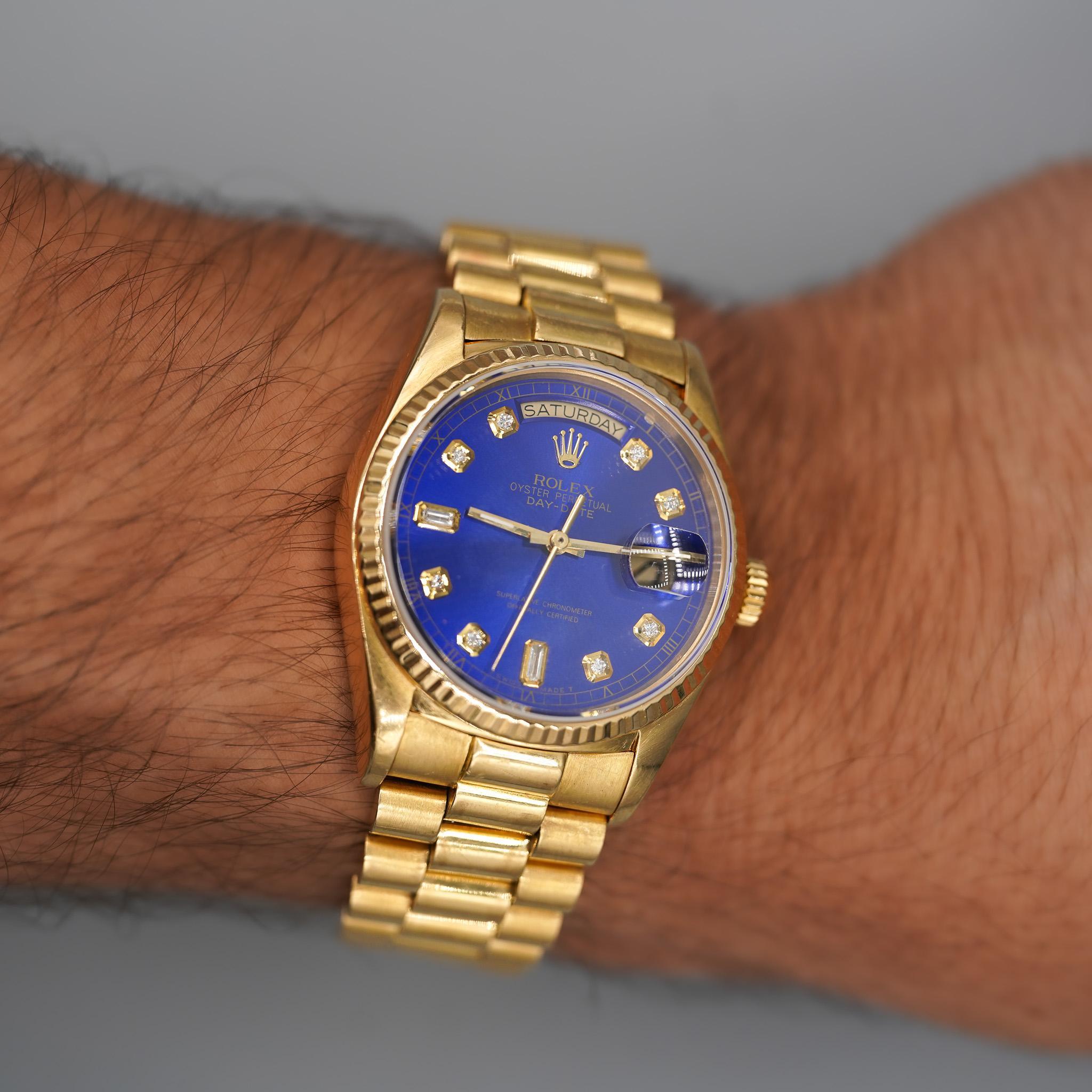 Rolex Day-Date 36mm 18038 Night Blue Diamond Dial 18K Gold Watch For Sale 5