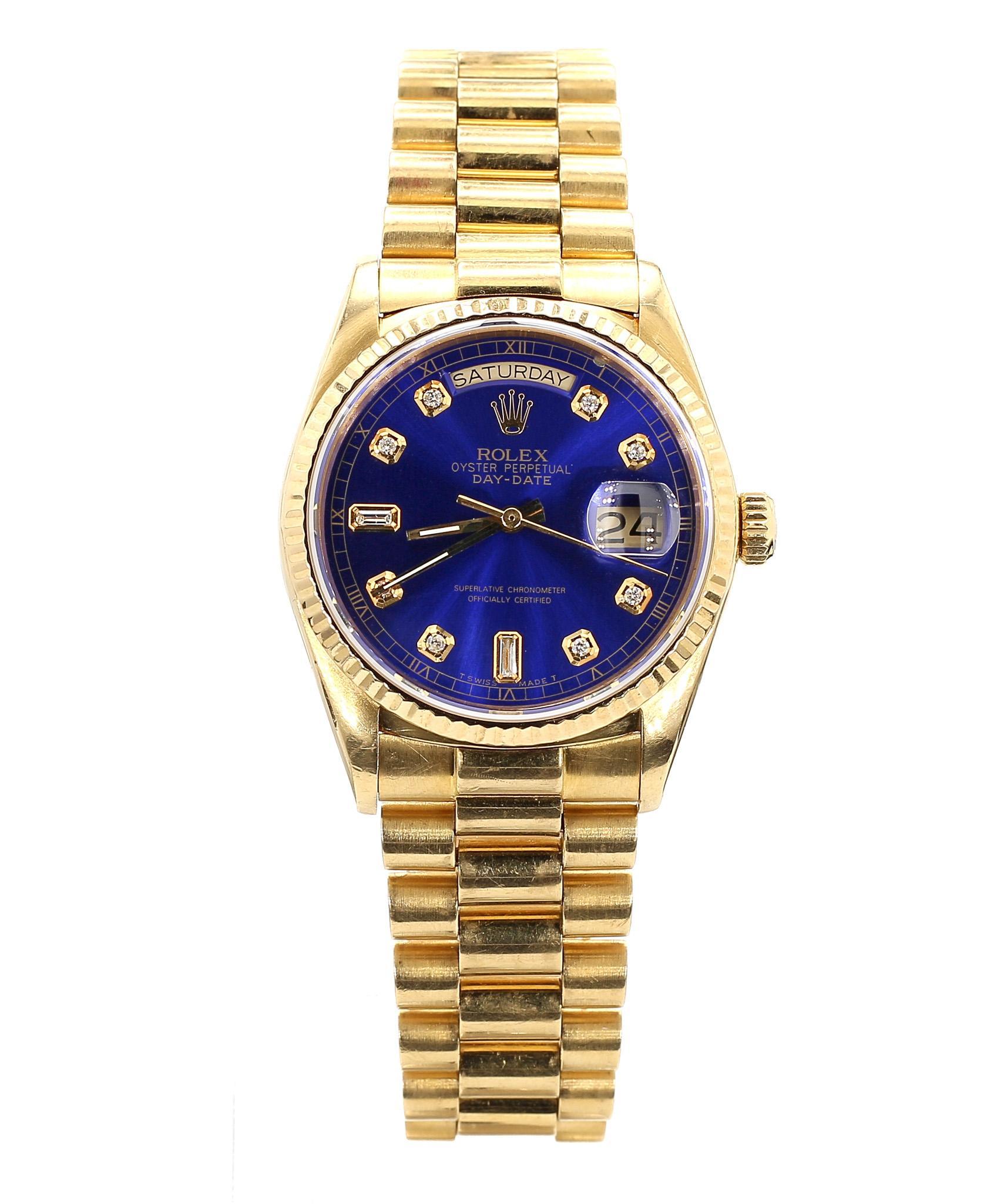 Rolex Day-Date 36mm 18038 Night Blue Diamond Dial 18K Gold Watch For Sale 6