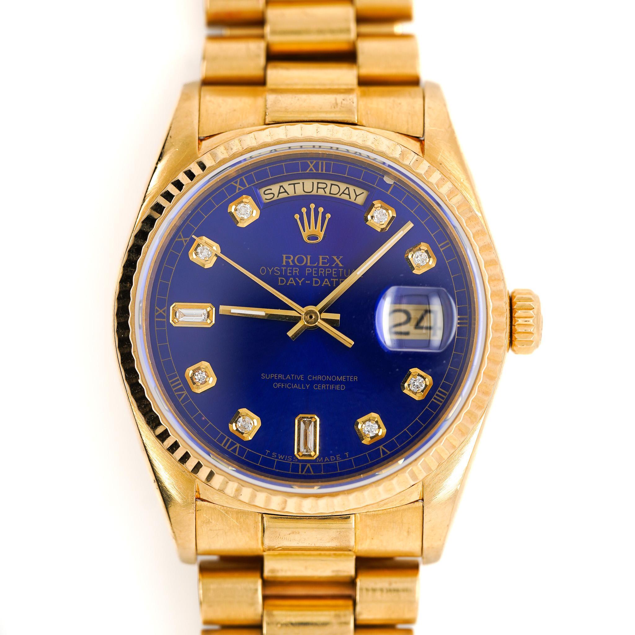 Rolex Day-Date 36mm 18038 Night Blue Diamond Dial 18K Gold Watch In Excellent Condition For Sale In Miami, FL