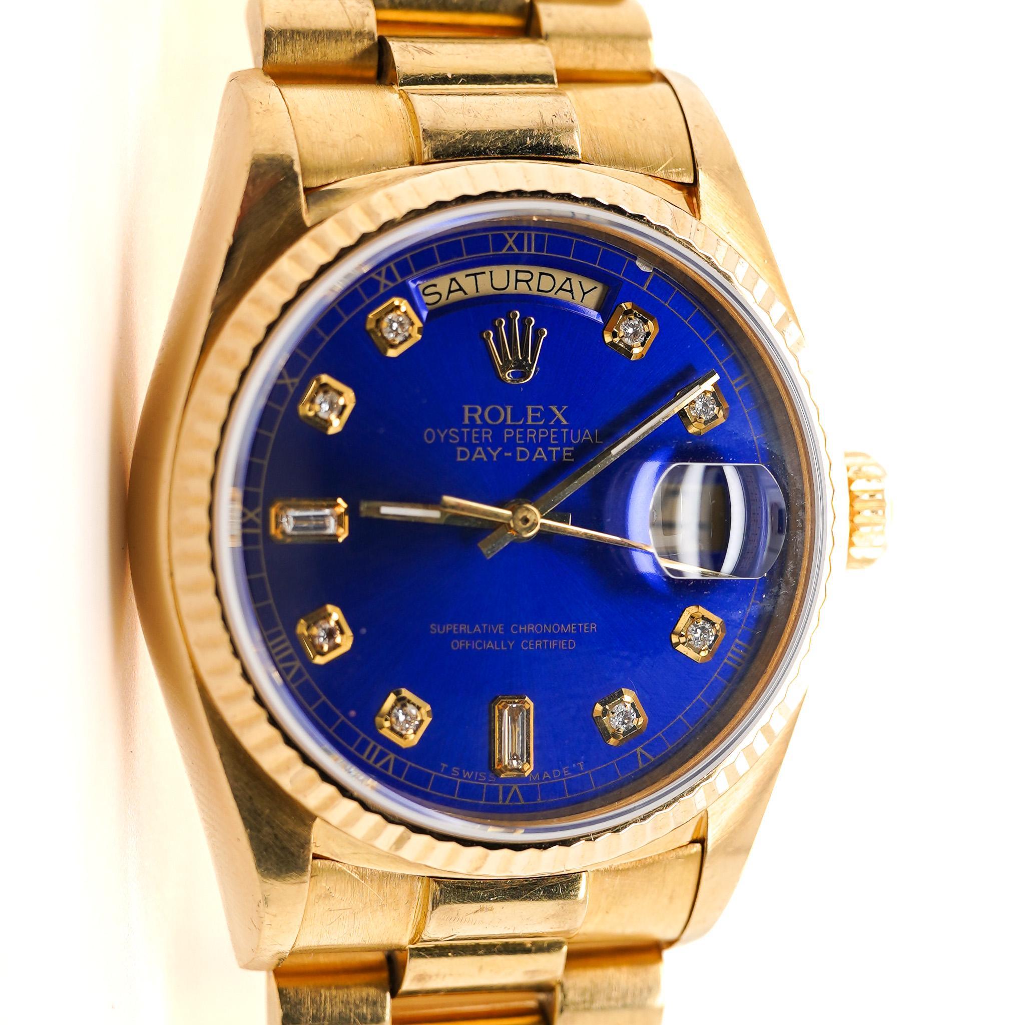 Men's Rolex Day-Date 36mm 18038 Night Blue Diamond Dial 18K Gold Watch For Sale