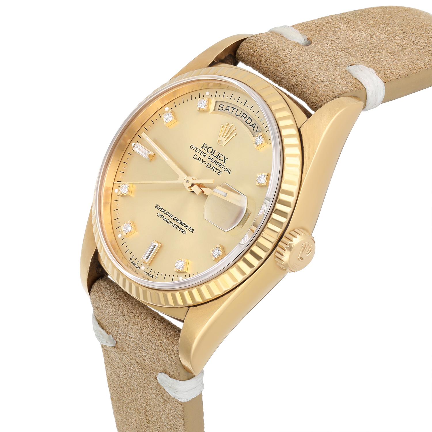 Rolex Day-Date 36mm 18238 18K Yellow Gold Watch Fluted Bezel Champagne Diamond For Sale 1