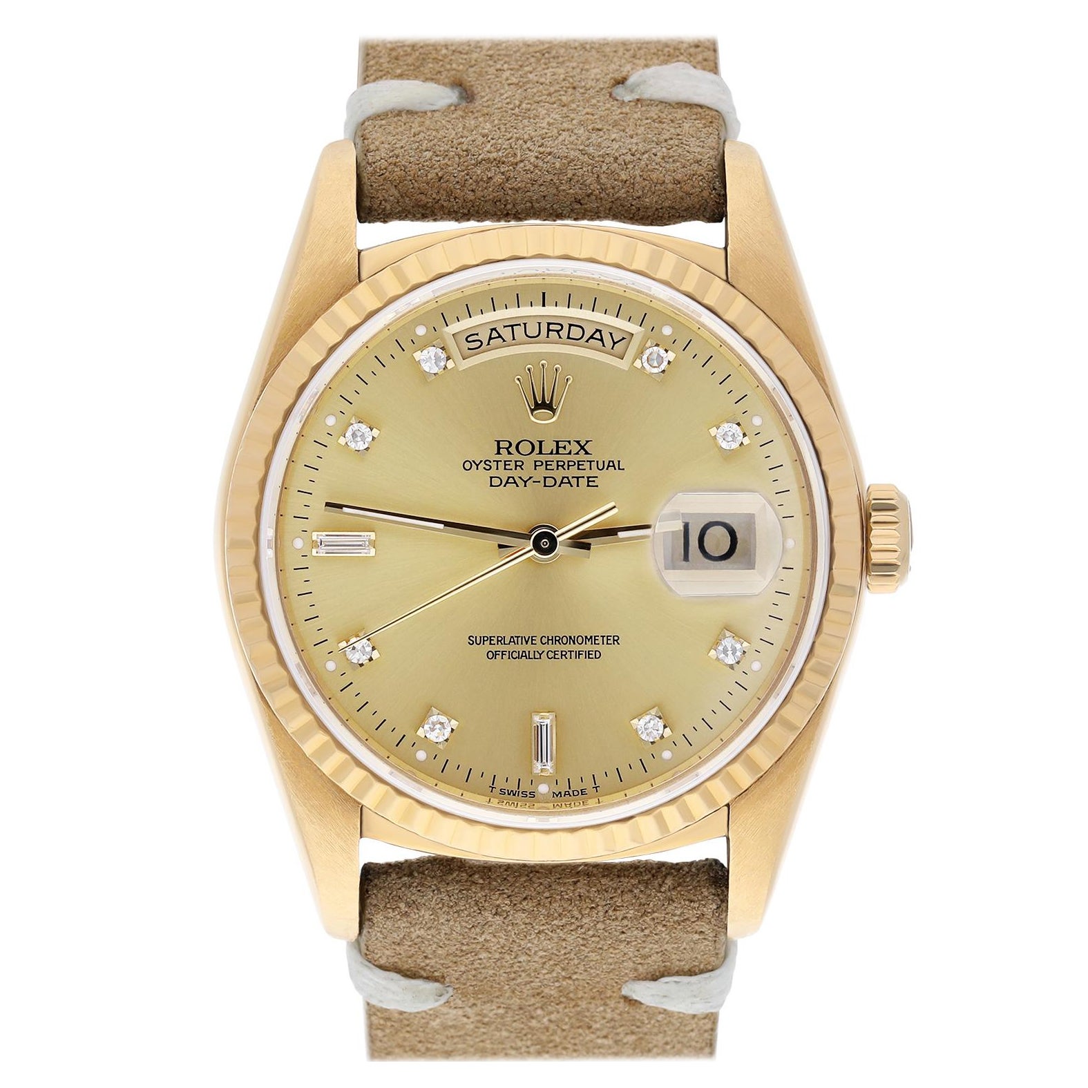 Rolex Day-Date 36mm 18238 18K Gelbgold Uhr geriffelte Lünette Champagner Diamant im Angebot