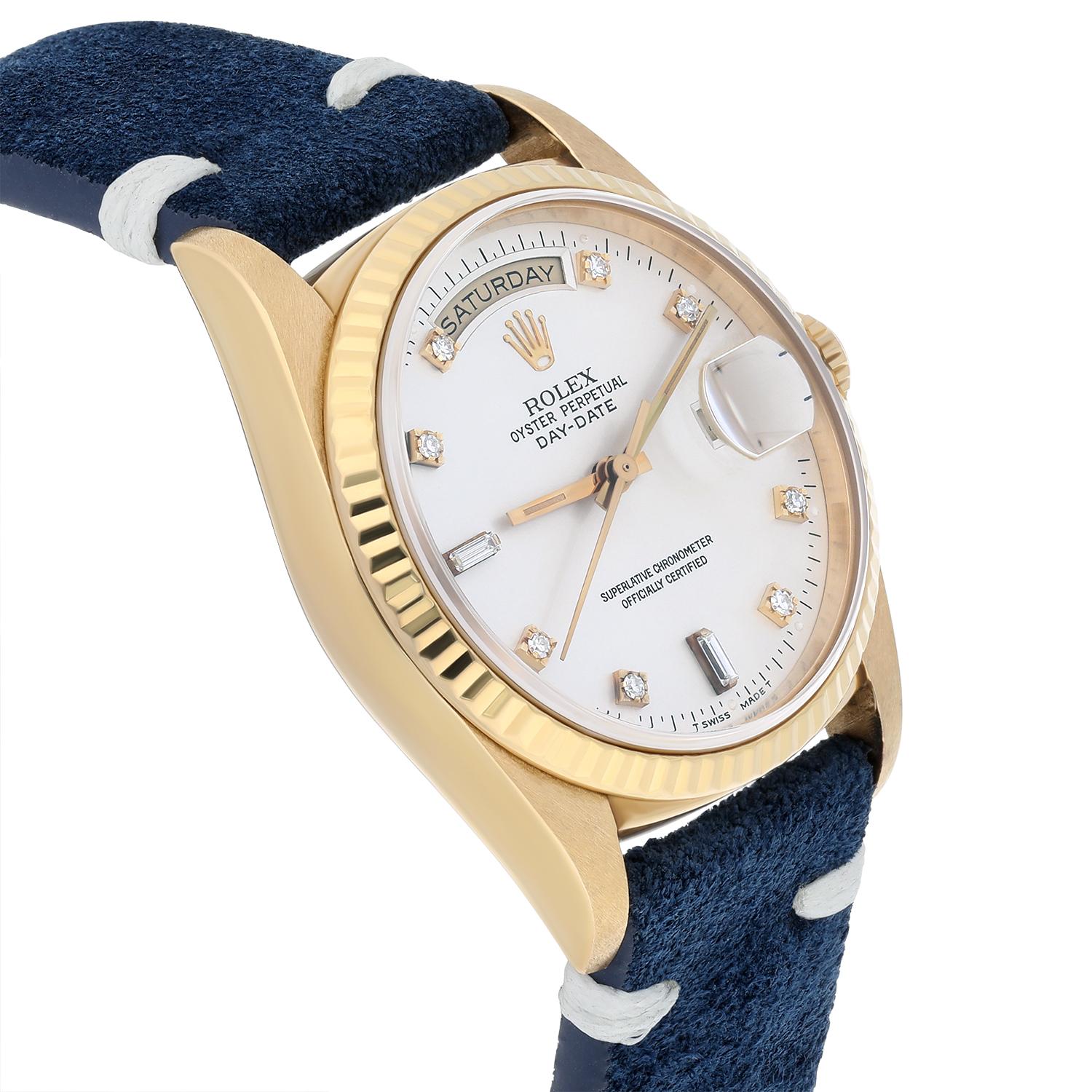 Rolex Day-Date 36mm 18238 18K Yellow Gold Watch Fluted Bezel Silver Diamond Face For Sale 1