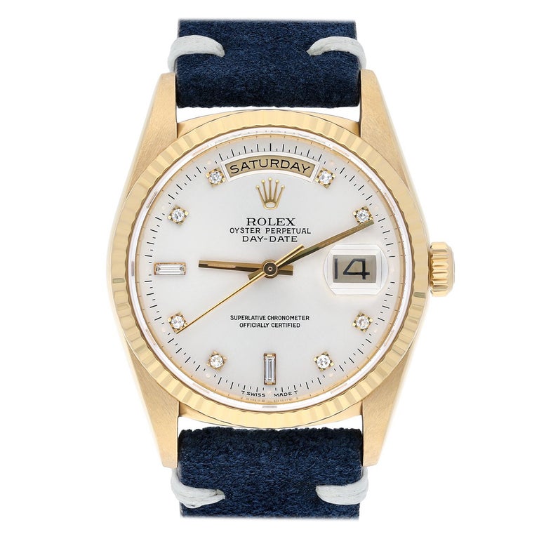 Rolex Day-Date 36mm 18238 18K Yellow Gold Watch Fluted Bezel Silver ...
