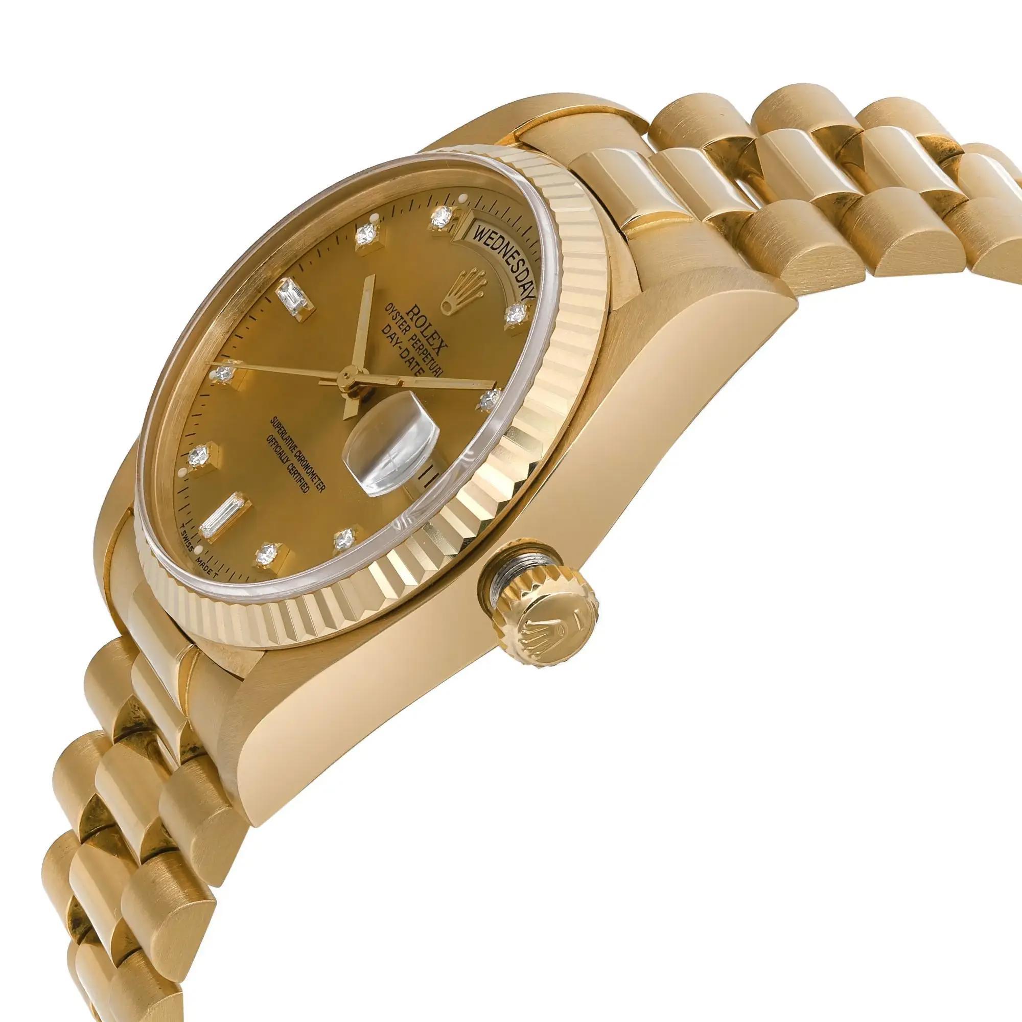 Rolex Day-Date 36mm 18K Gold Champagne Diamond Dial Automatic Mens Watch 18038A In Excellent Condition For Sale In New York, NY