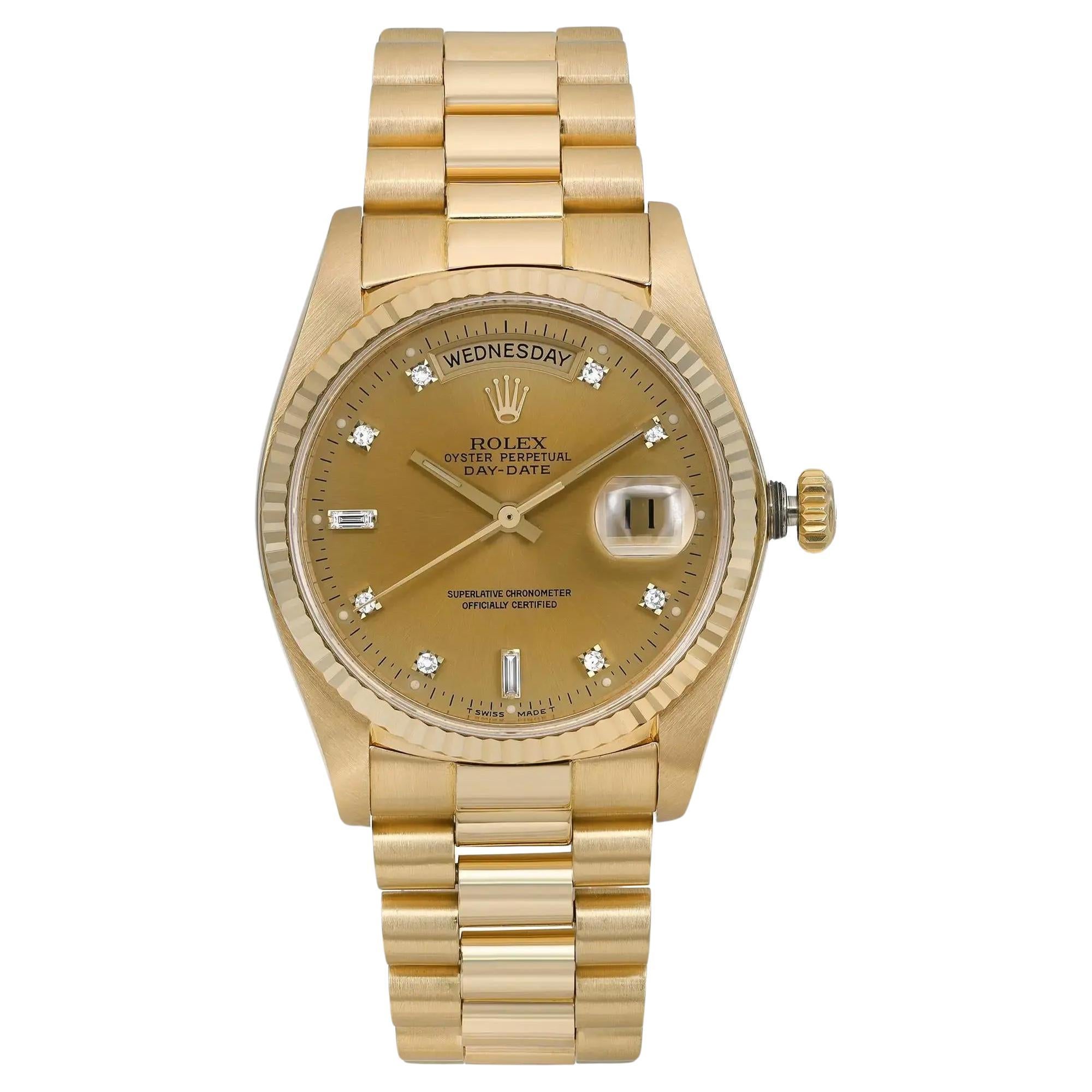 Rolex Day-Date 36mm 18K Gold Champagne Diamond Dial Automatic Mens Watch 18038A For Sale