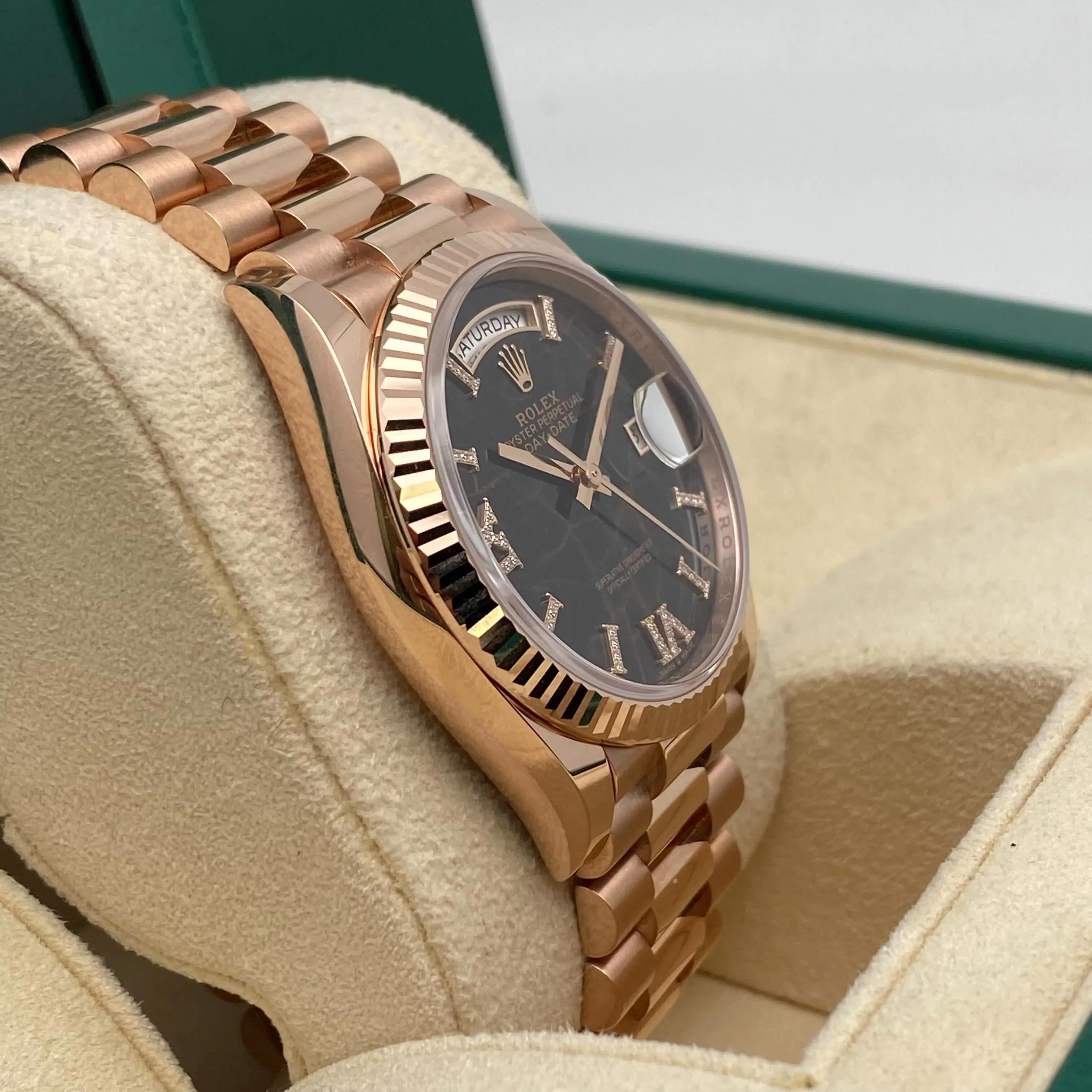 Rolex Day-Date 36mm 18K Rose Gold Eisenkiesel Diamant-Zifferblatt Uhr 128235 Herren im Angebot