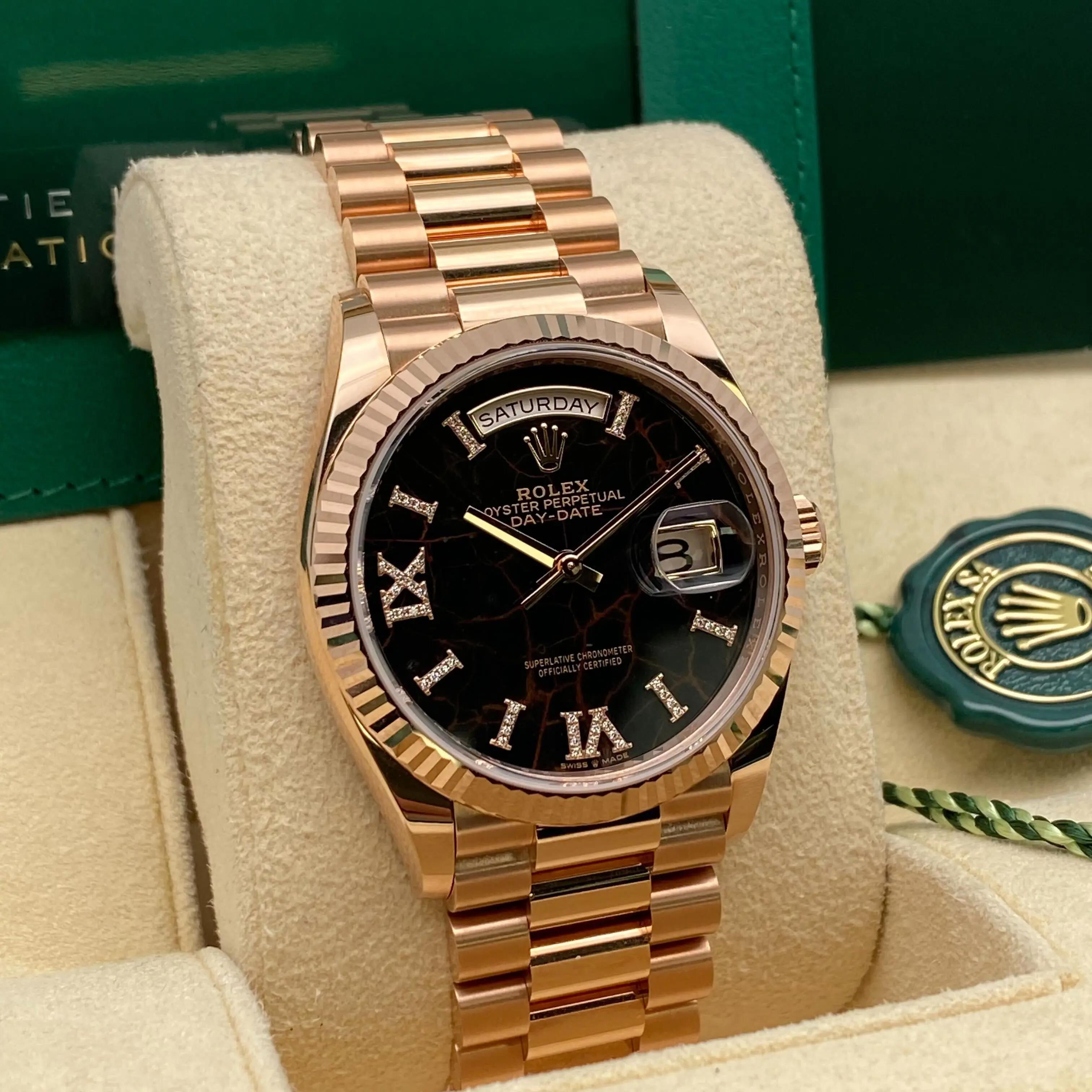 Rolex Day-Date 36mm 18K Rose Gold Eisenkiesel Diamant-Zifferblatt Uhr 128235 im Angebot 1