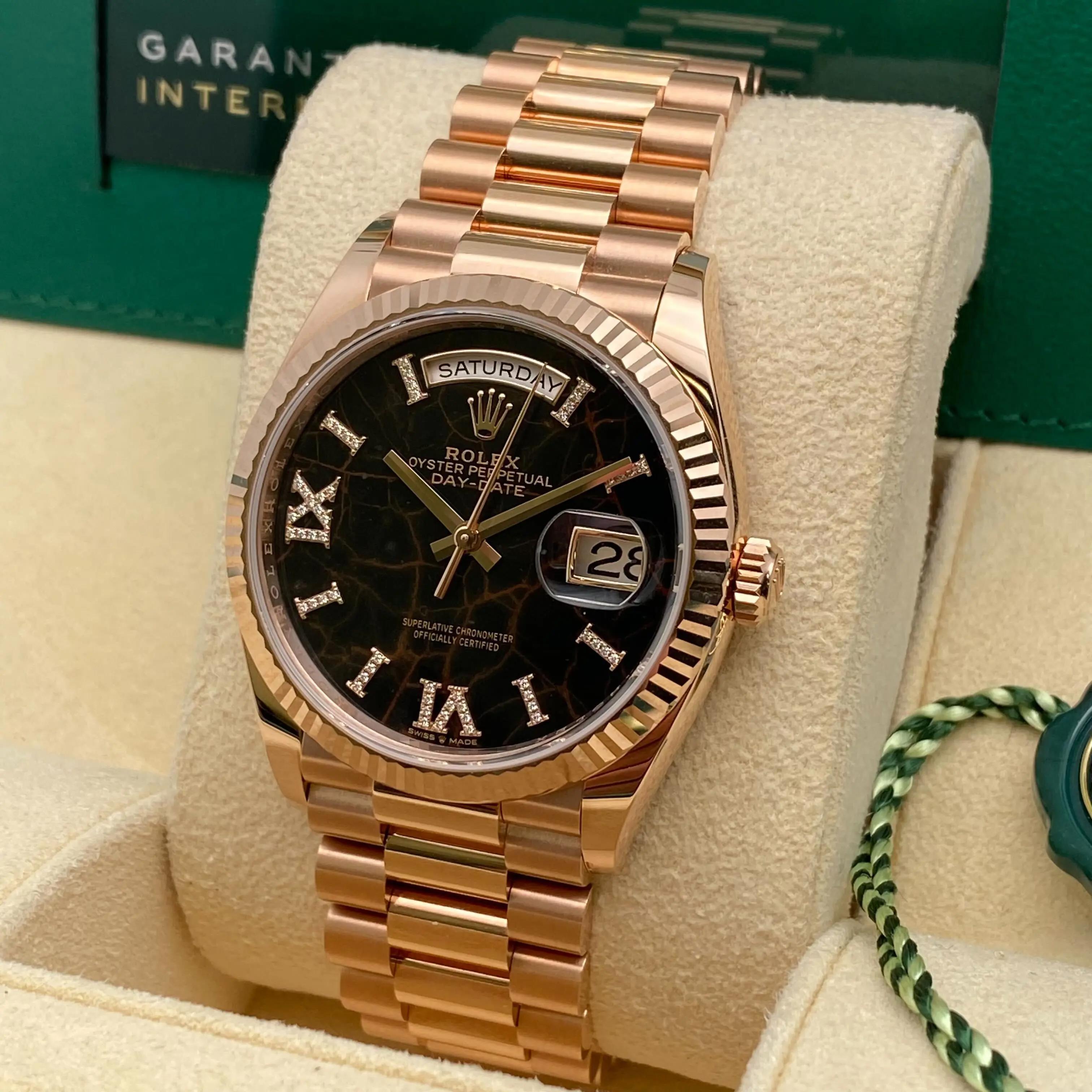 Rolex Day-Date 36mm 18K Rose Gold Eisenkiesel Diamant-Zifferblatt Uhr 128235 im Angebot 2