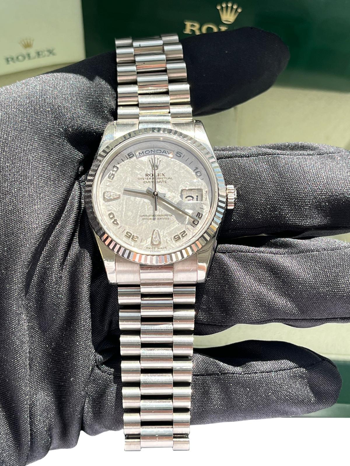 Rolex Day-Date 36mm 18k White Gold Fluted Bezel Meteorite 2 Diamonds Dial 118239 For Sale 10