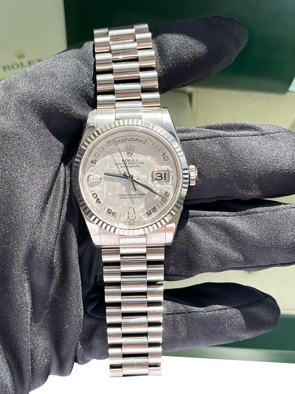 Rolex Day-Date 36mm 18k White Gold Fluted Bezel Meteorite 2 Diamonds Dial 118239 For Sale 12