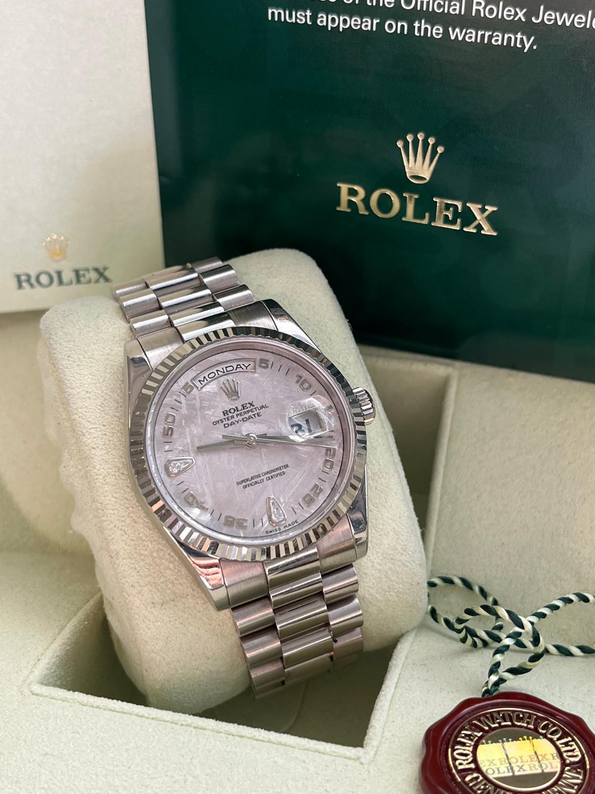 Rolex Day-Date 36mm 18k White Gold Fluted Bezel Meteorite 2 Diamonds Dial 118239 In Good Condition For Sale In Aventura, FL