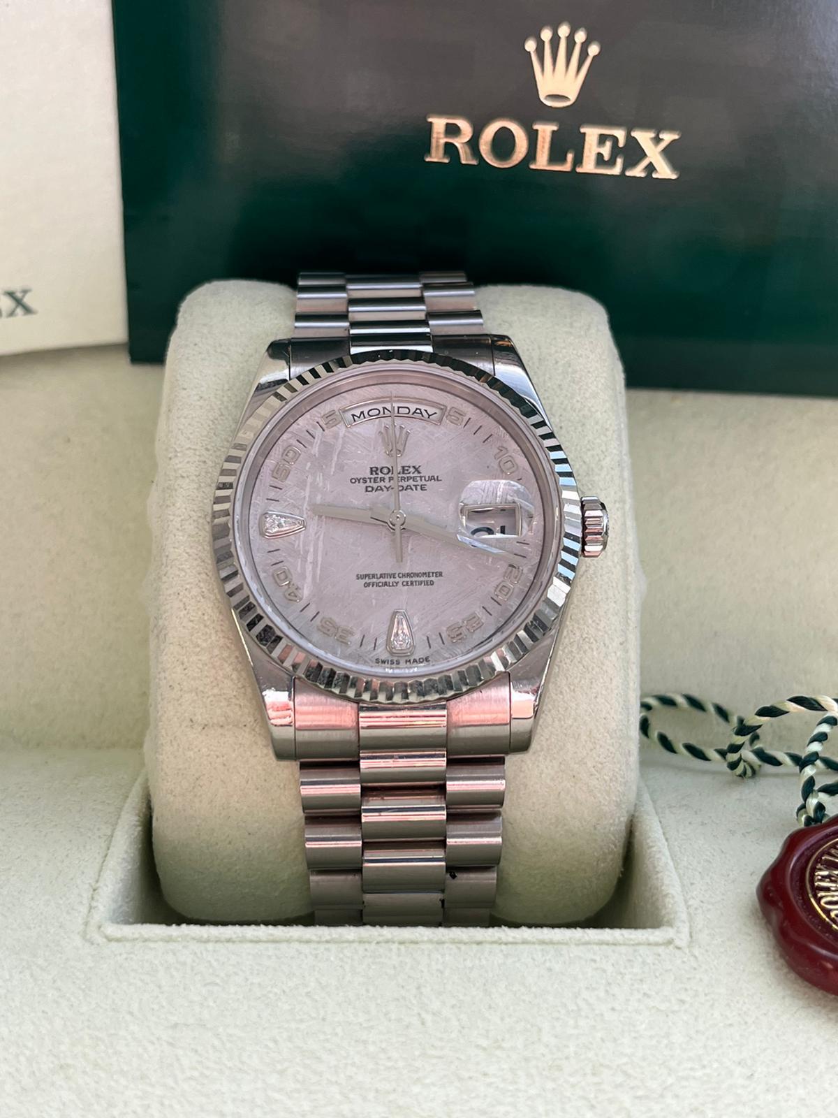 Rolex Day-Date 36mm 18k White Gold Fluted Bezel Meteorite 2 Diamonds Dial 118239 For Sale 1